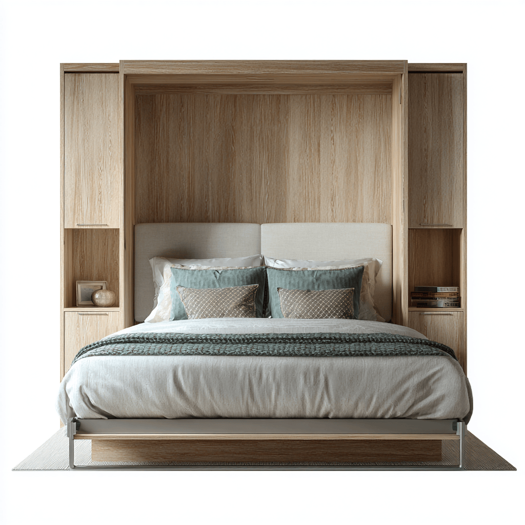 Cama doble abatible con estructura de madera clara – con armarios laterales y ropa de cama incluida