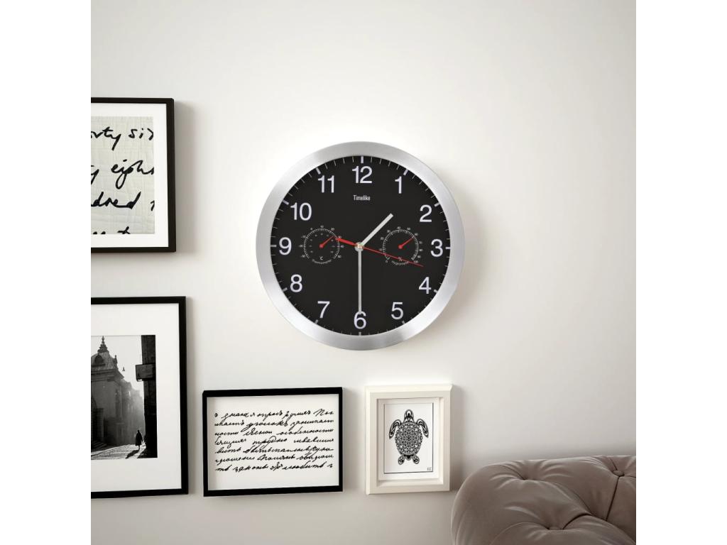 Reloj de pared de cuarzo Higrómetro y termómetro 30 cm Negro