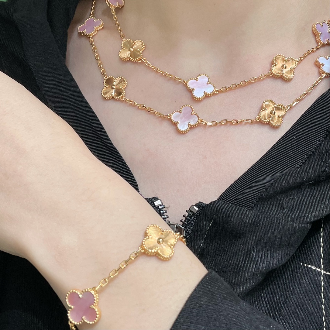 VCA Gold Mixed Pink Clover Vintage Alhambra Long Necklace, 20 Motifs - Original Replica Club