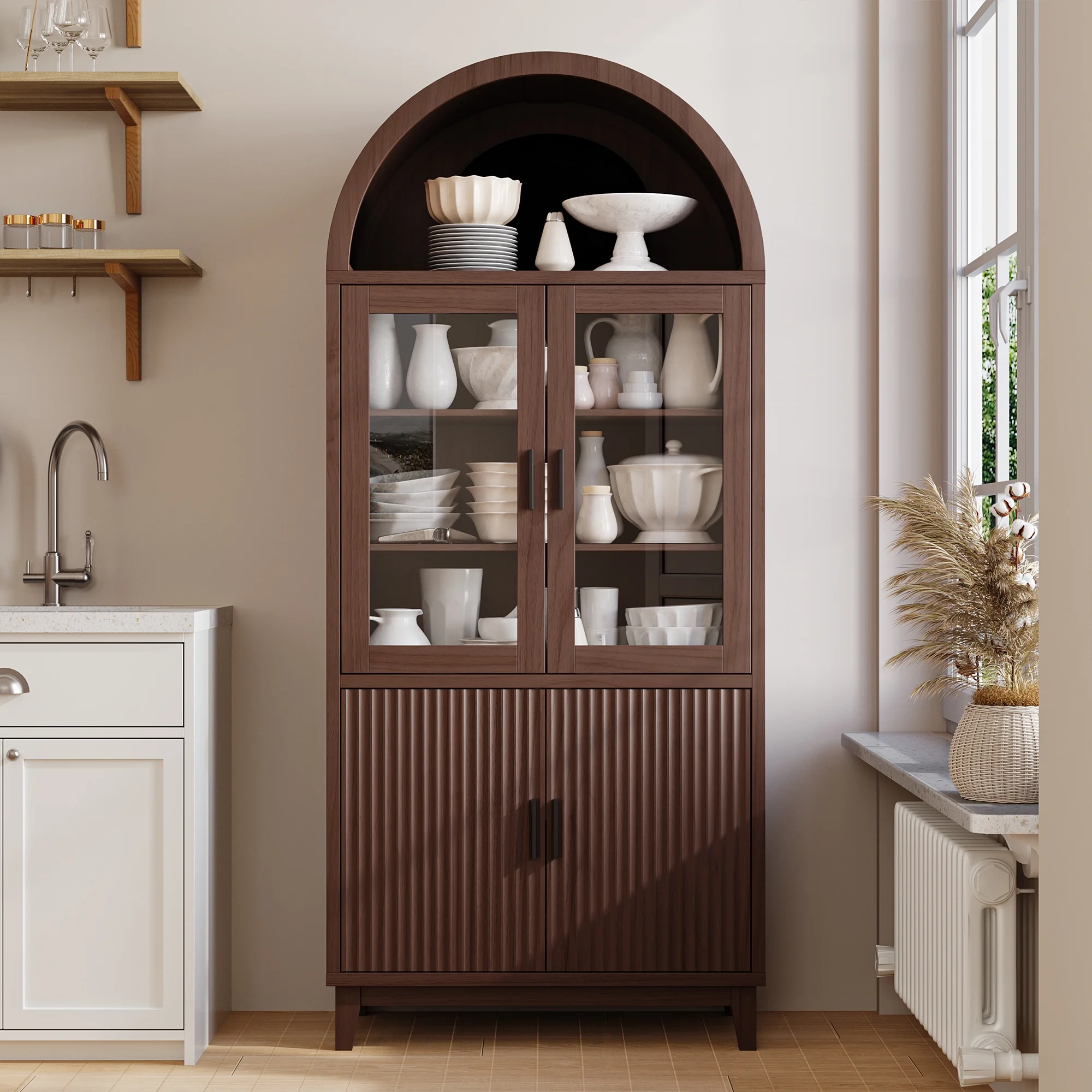 VEANERWOOD 71" Tall Arch Cabinet, Wood Fluted Kitchen Kitchen Storage Cabinet with 4 Doors and 6 Shelves for Dining Room Living Room - Image 14