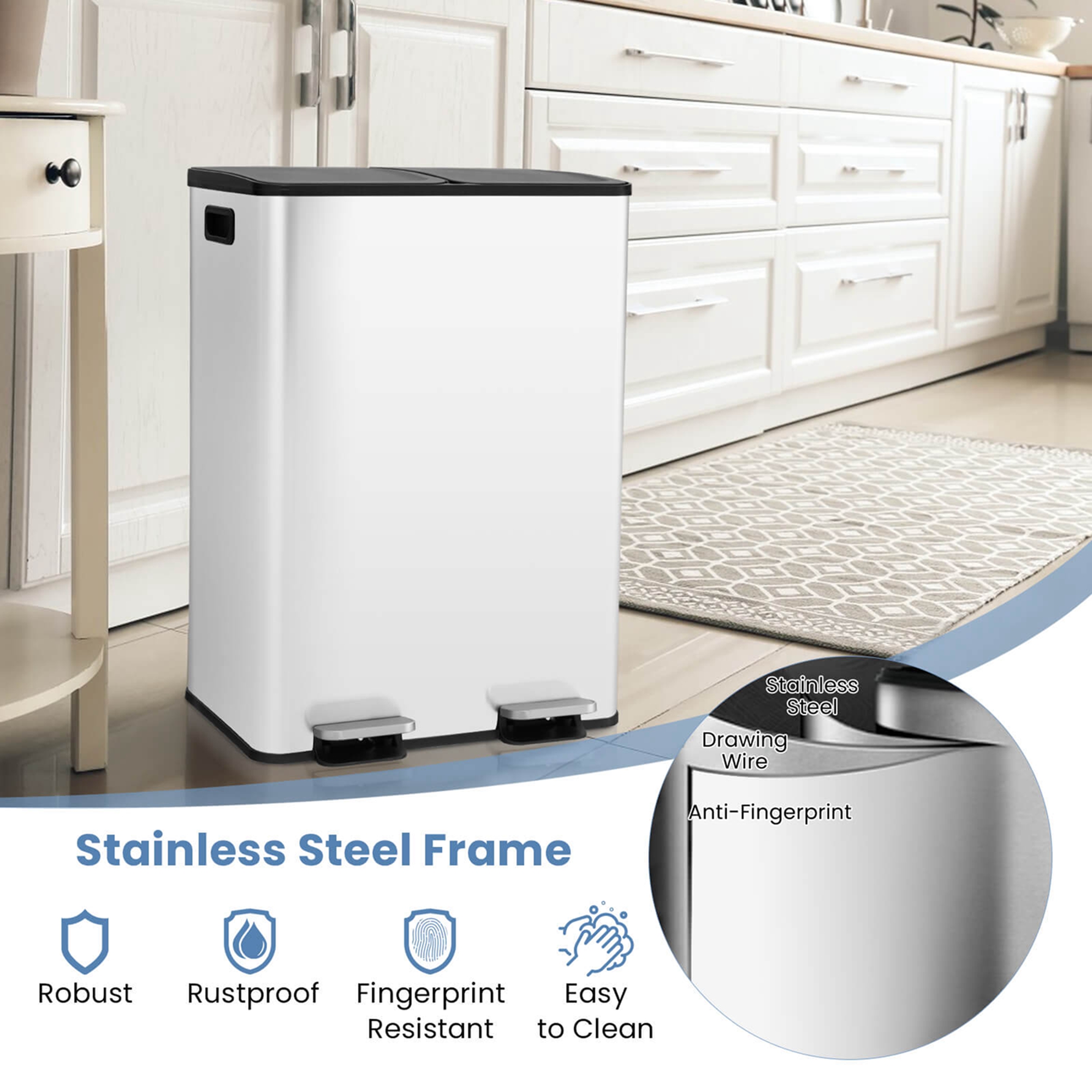 Costway 16 Gallon Dual Step Trash Can Recycle Bin Stainless Steel Bucket Pedal Silver - Image 18