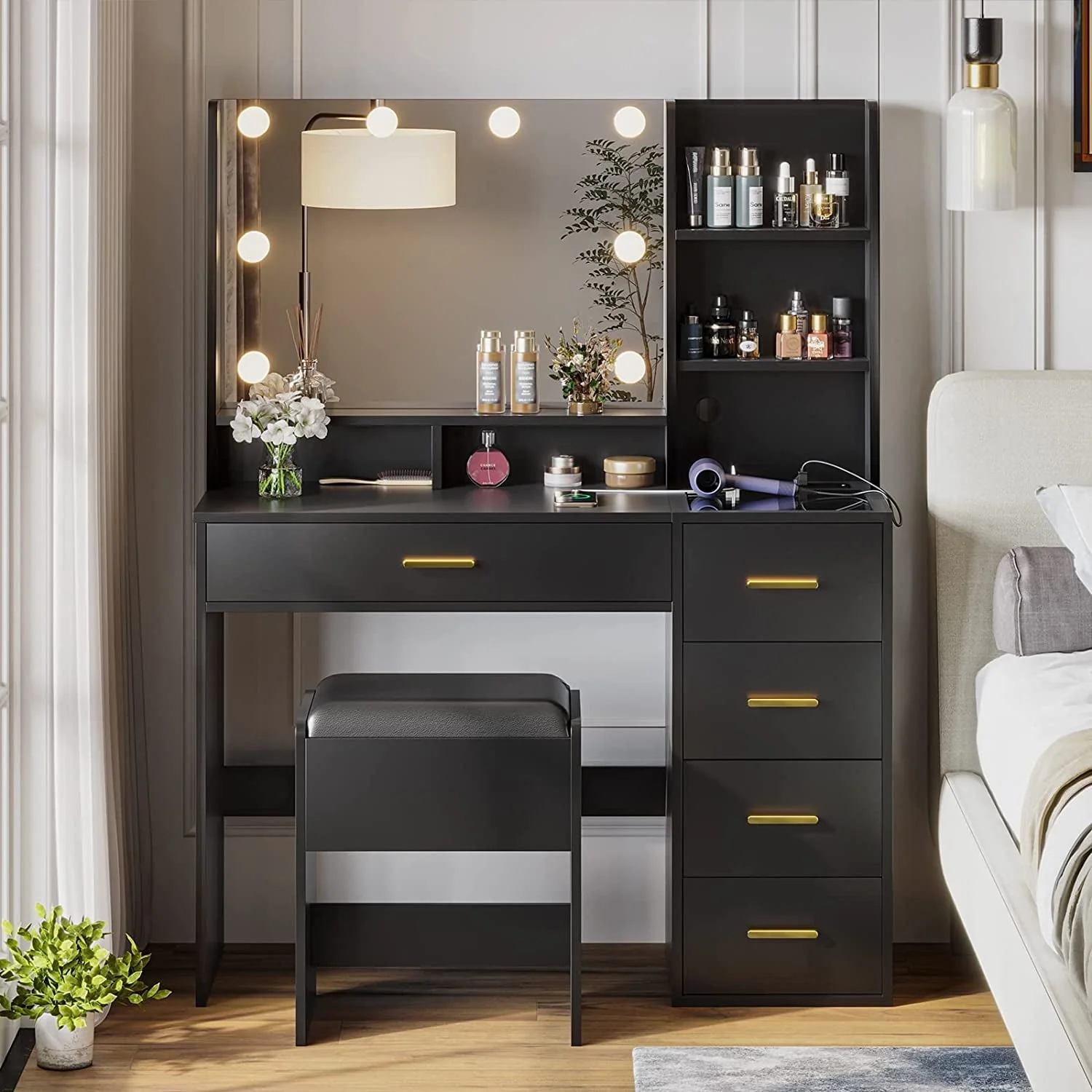 Black Vanity Set with Lights & Charging Station & Cushioned Stool, Modern Makeup Vanity Desk Table with Visible Drawers and Open Storage Shelves for Women Girls - Image 6