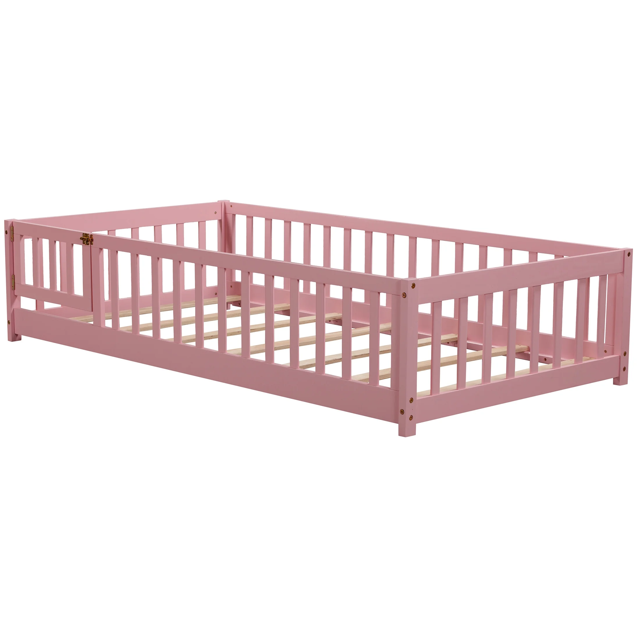 UHOMEPRO Twin Size Floor Bed with Door and Fence, Montessori Floor Bed with Slats and Safety Guardrails, Solid Wood Twin Bed Frame for Bedroom, White - Image 47