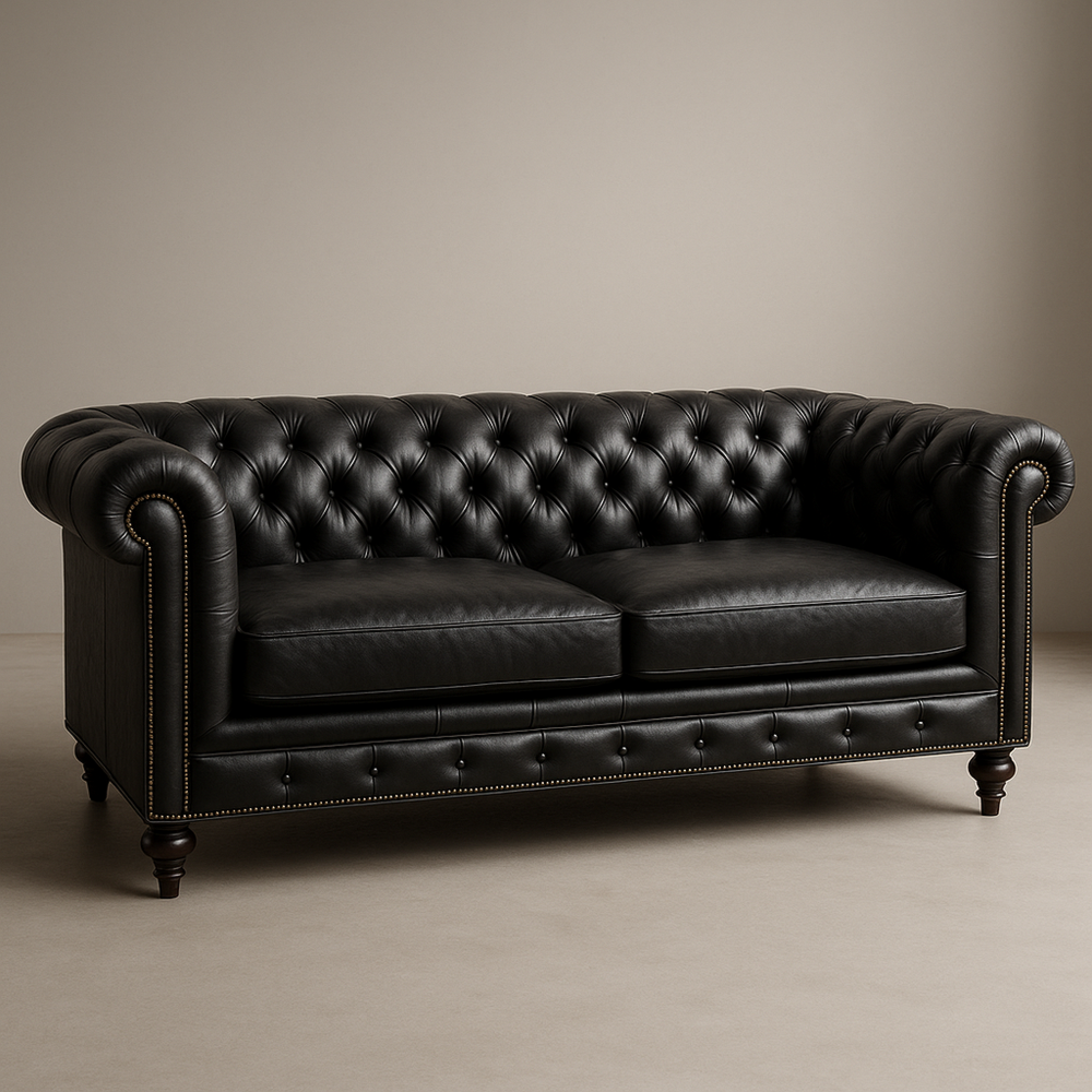 Sofá Chesterfield Clásico de Cuero para Sala, Estilo Vintage Negro