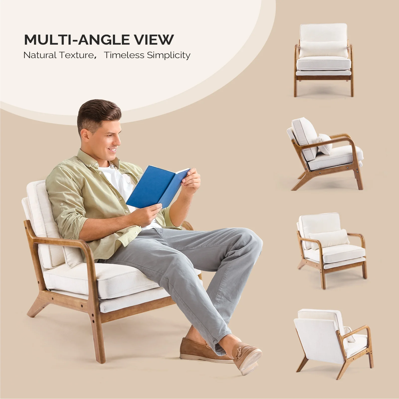 Ktaxon Accent Chair Corduroy Upholstered Armchair, Reading Club Chair with Pillow and Solid Wood Frame for Living Room Bedroom Furniture Off White - Image 109