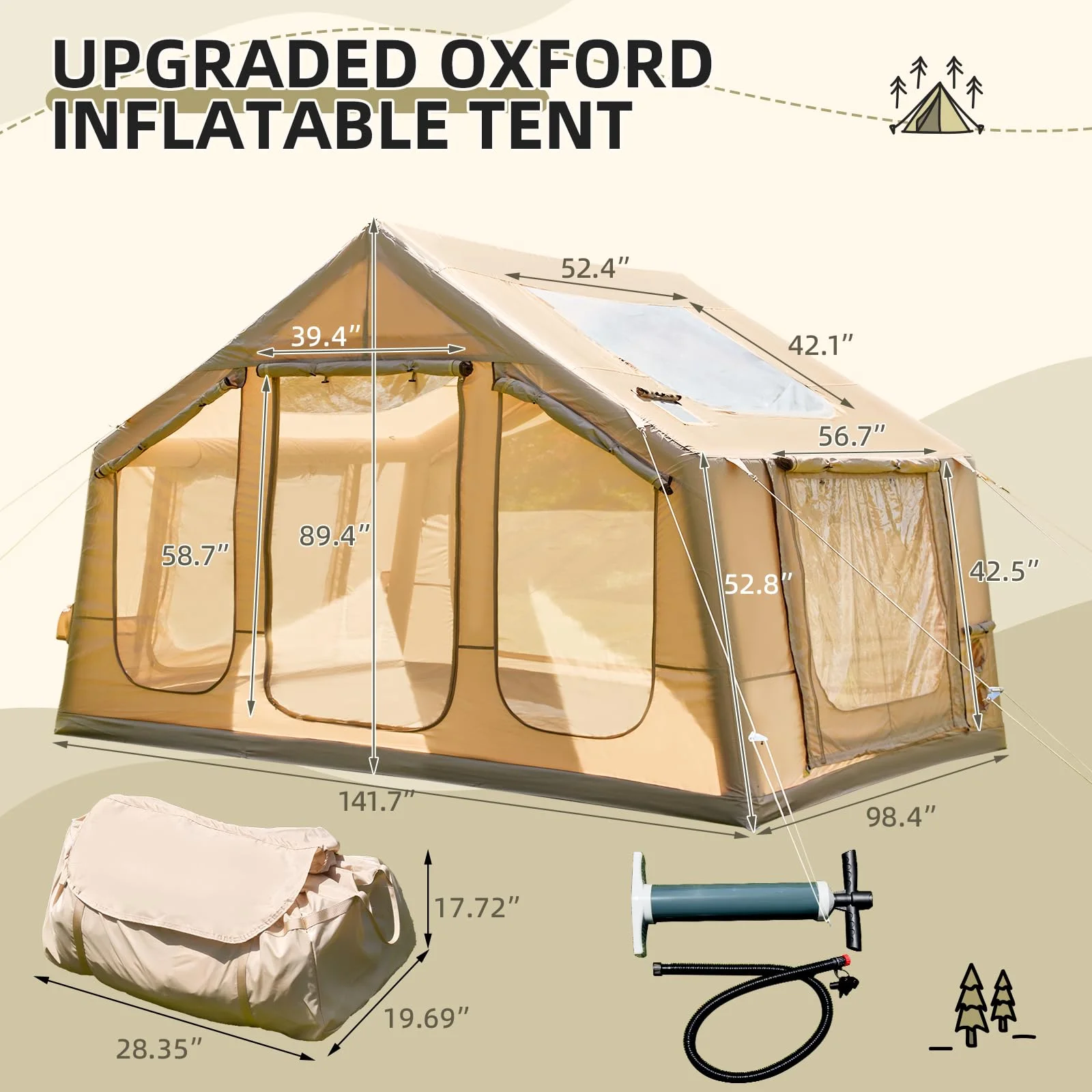 Yoleny 12'x8' Inflatable Tent, 96 SFT Blow Up Tent for Camping, 4 Season Oxford Glamping Tents with Clear Skylight, Pump & Stove Jack - Image 10