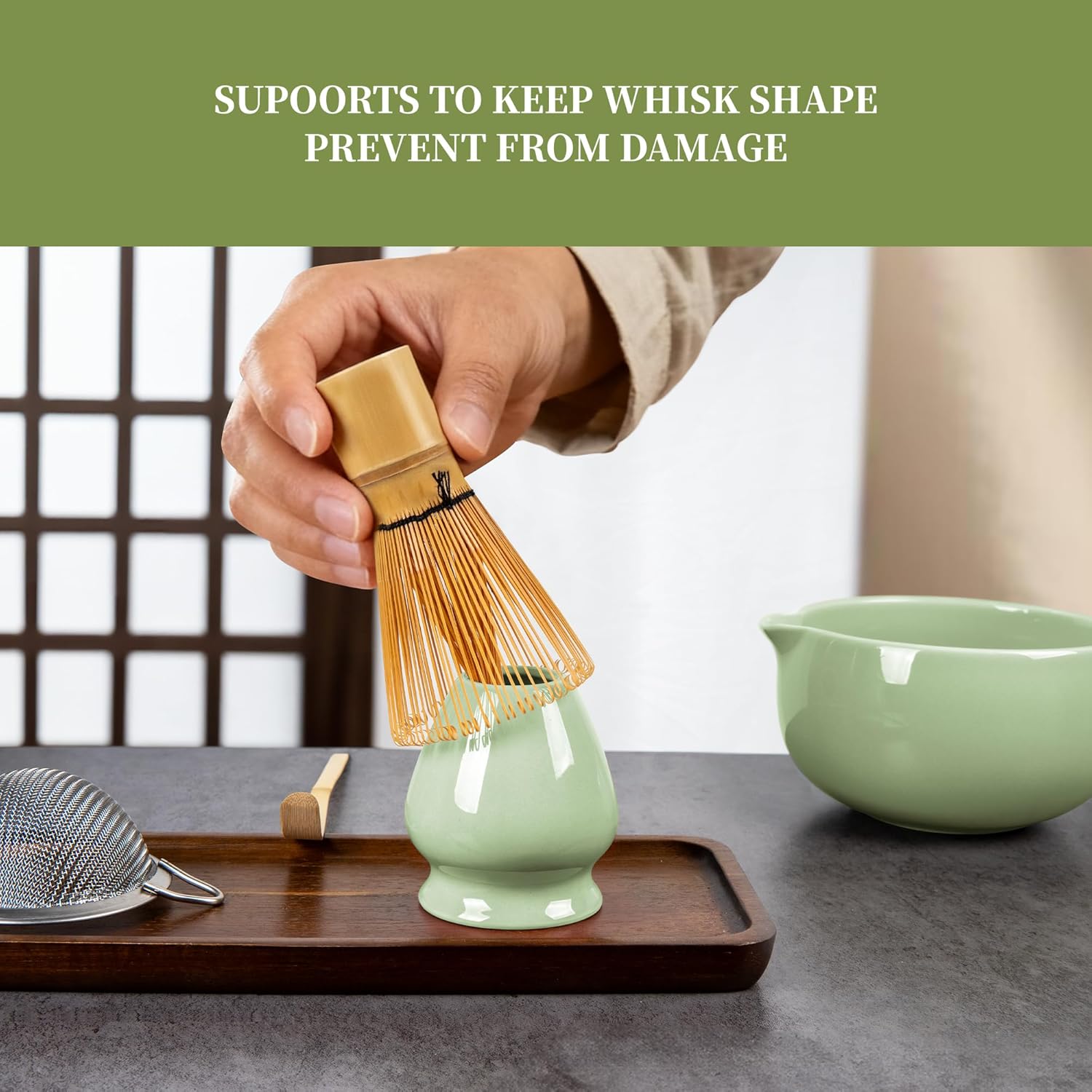 YIBO Matcha Whisk Set, Matcha Kit Bamboo Whisk and Ceramic Bowl with Spout & Measuring Spoon & Cup, Japanese Ceremony Matcha Tea Making Tools Green