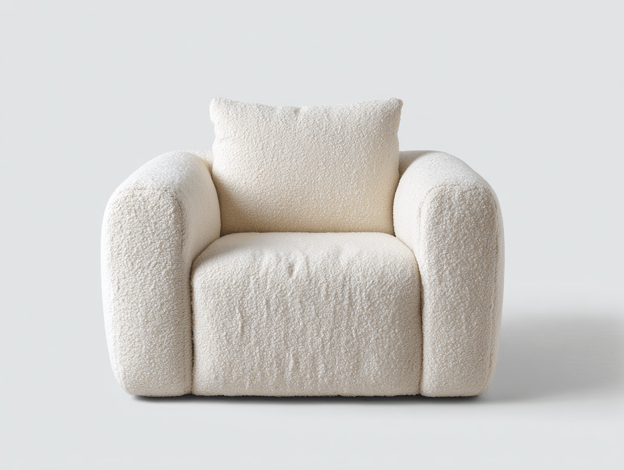 Sillón tapizado en bouclé blanco – estilo contemporáneo con respaldo bajo y cojín incluido