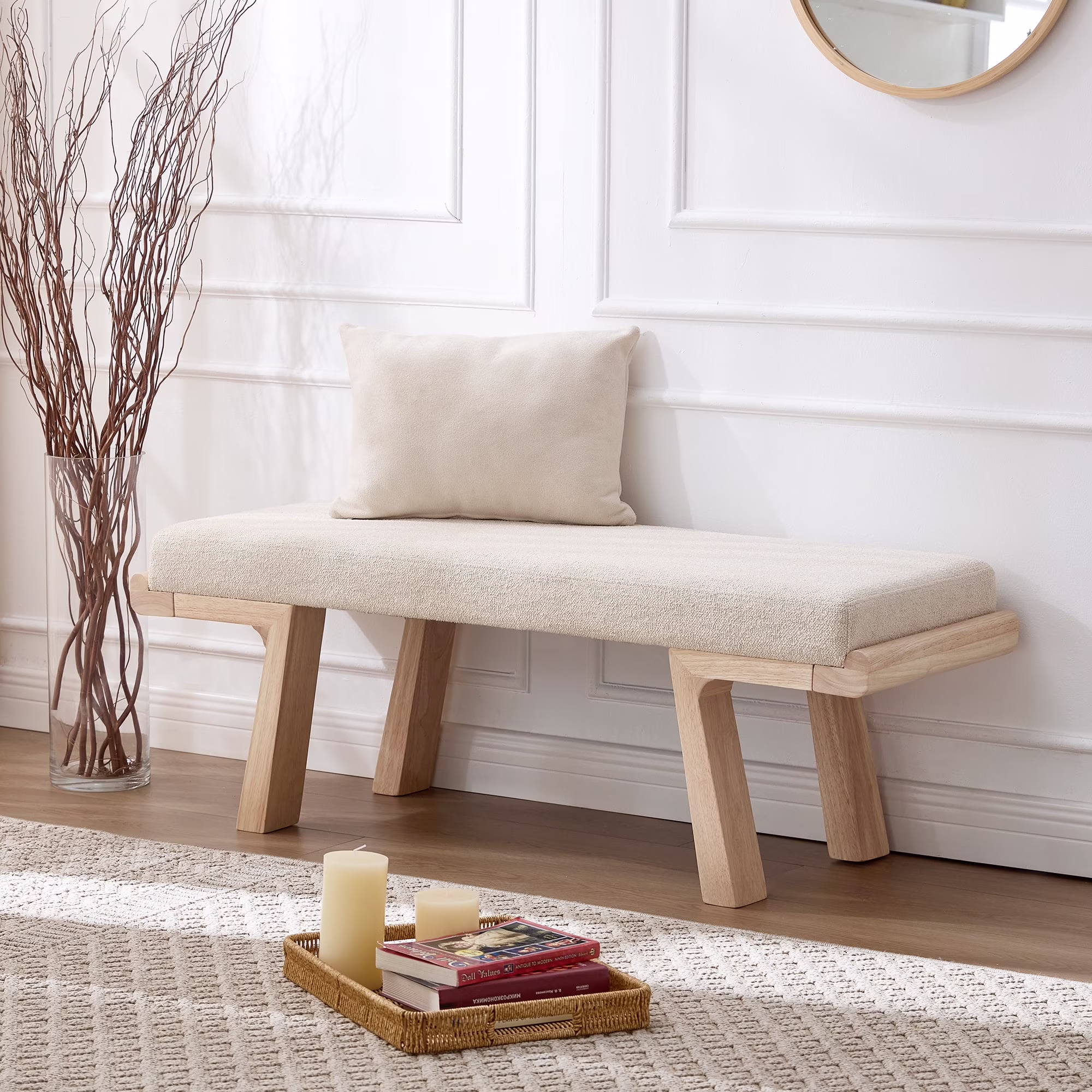 Zesthouse 47.4" Linen Upholstered Bench, Entryway Bench with Solid Wood Legs, Modern Ottoman Bench for Living Bedroom Room, Beige(Beige)