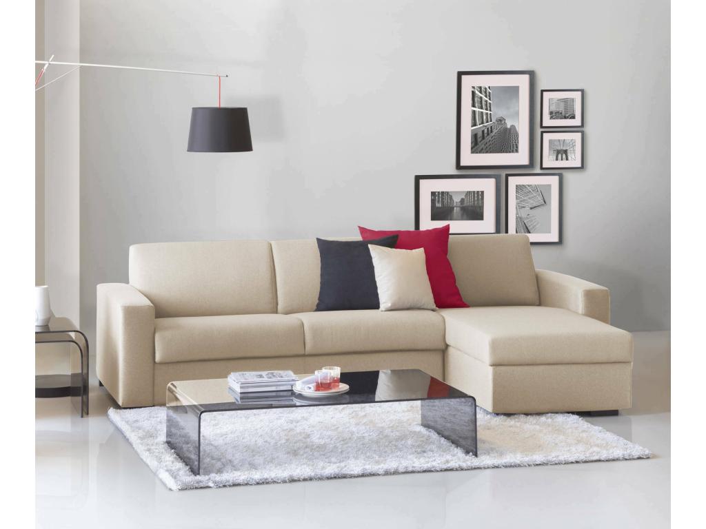 Sofá cama Alicya, Sofá esquinero, 100% Made in Italy, Sofá con apertura giratoria, con península de almacenaje reversible, con reposabrazos estándar, 280x95h90 cm, Beige