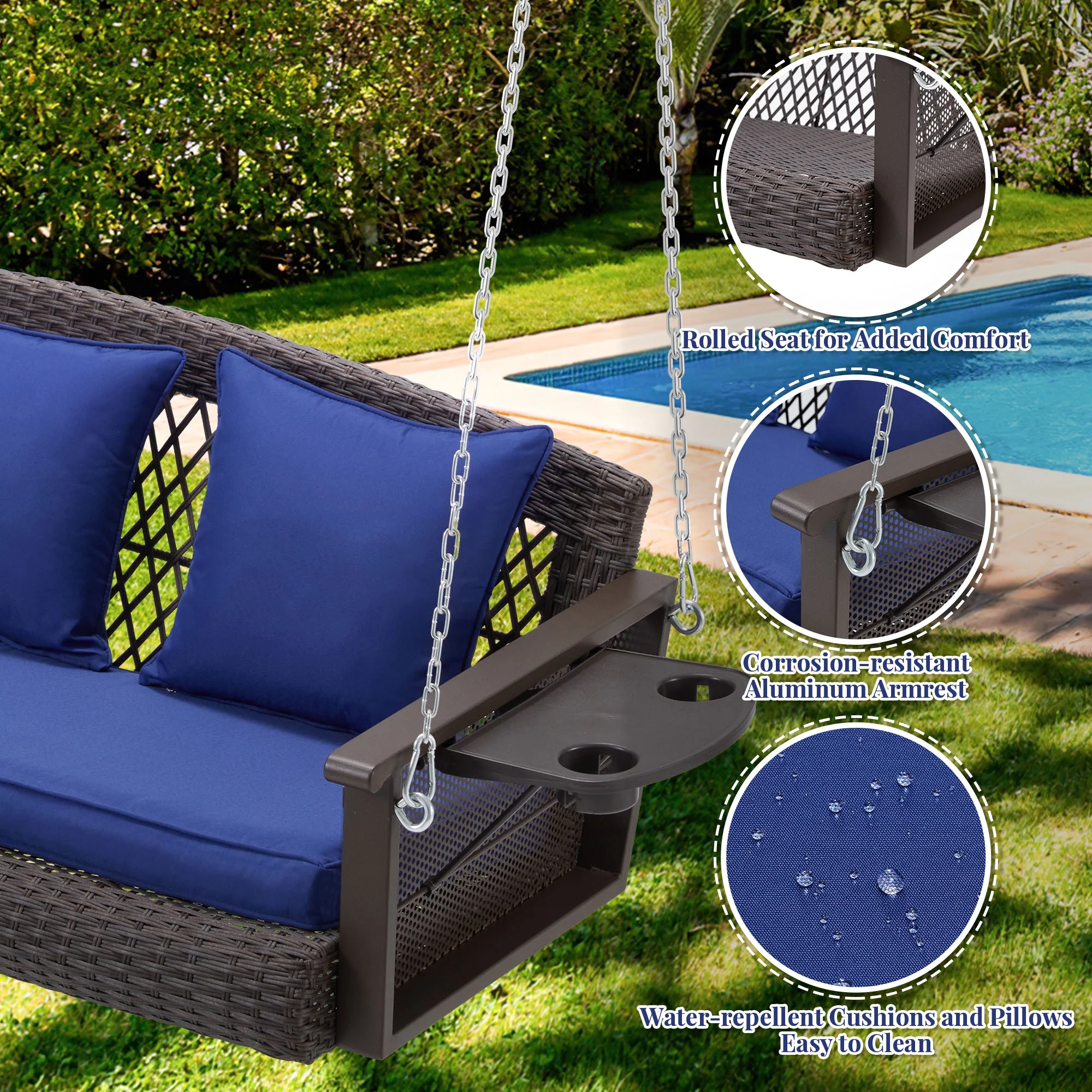Homrest 3-Person Porch Swing 55in Wicker Hanging Swing Bench with Cushions and Cupholders for Deck, Garden and Backyard, Beige - Image 33