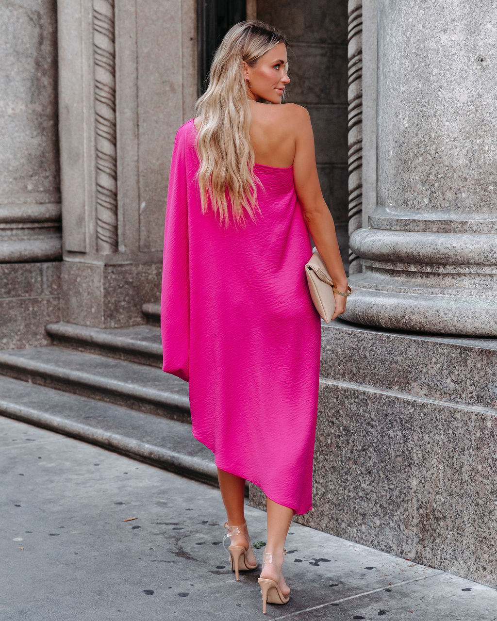 Goddess Of Beauty One Shoulder Satin Maxi Dress - Hot Pink - Se7enfashion