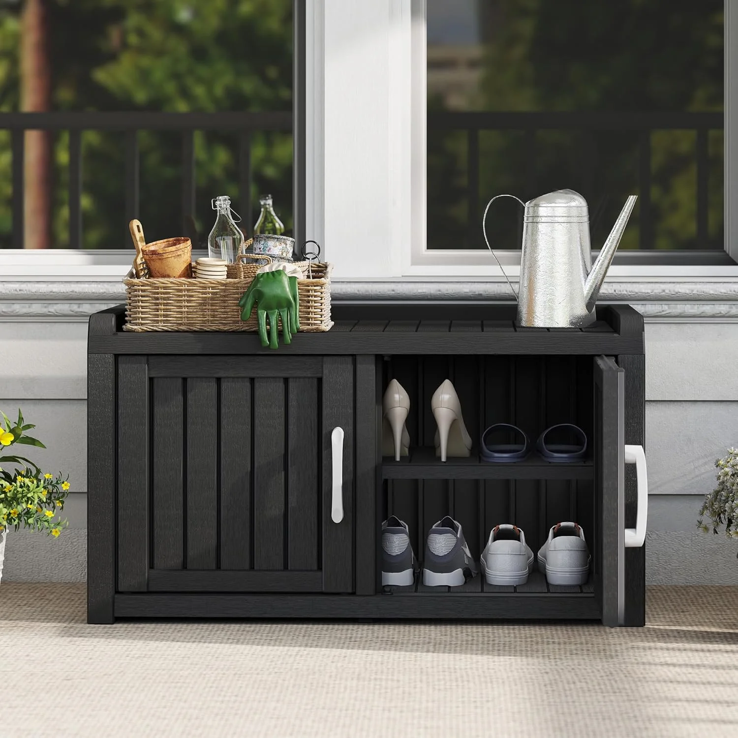 KAMABOKO Outdoor Shoe Storage Cabinet, Waterproof UV-Resistant Entryway Storage Bench Indoor Outdoor with 2 Barn Doors, Adjustable Shelves for Entryway, Bedroom, Hallway,Living Room(Black) - Image 10