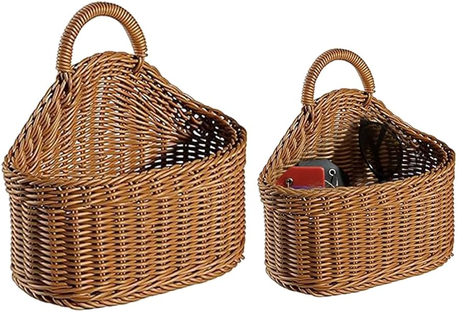 Japanese Rattan Style Storage Baskets, 2-Pack (Small & Large) Kitchen Organizer Hanging Baskets for Garlic, Onion, Fruits, Remote Control, Bathroom Supplies, Brown Oval Countertop or Wall Mount