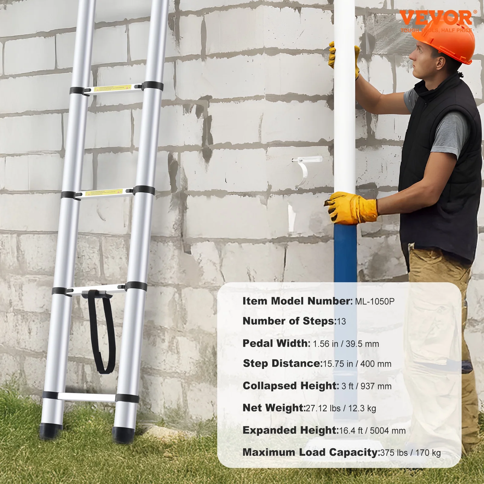 VEVOR Telescoping Ladder, 16.4FT Aluminum Lightweight Extension Ladder, Multi-button Retraction Collapsible Ladder, 375 LBS Capacity with Non-slip Feet, Portable Compact Ladders for Home, RV, Loft - Image 7