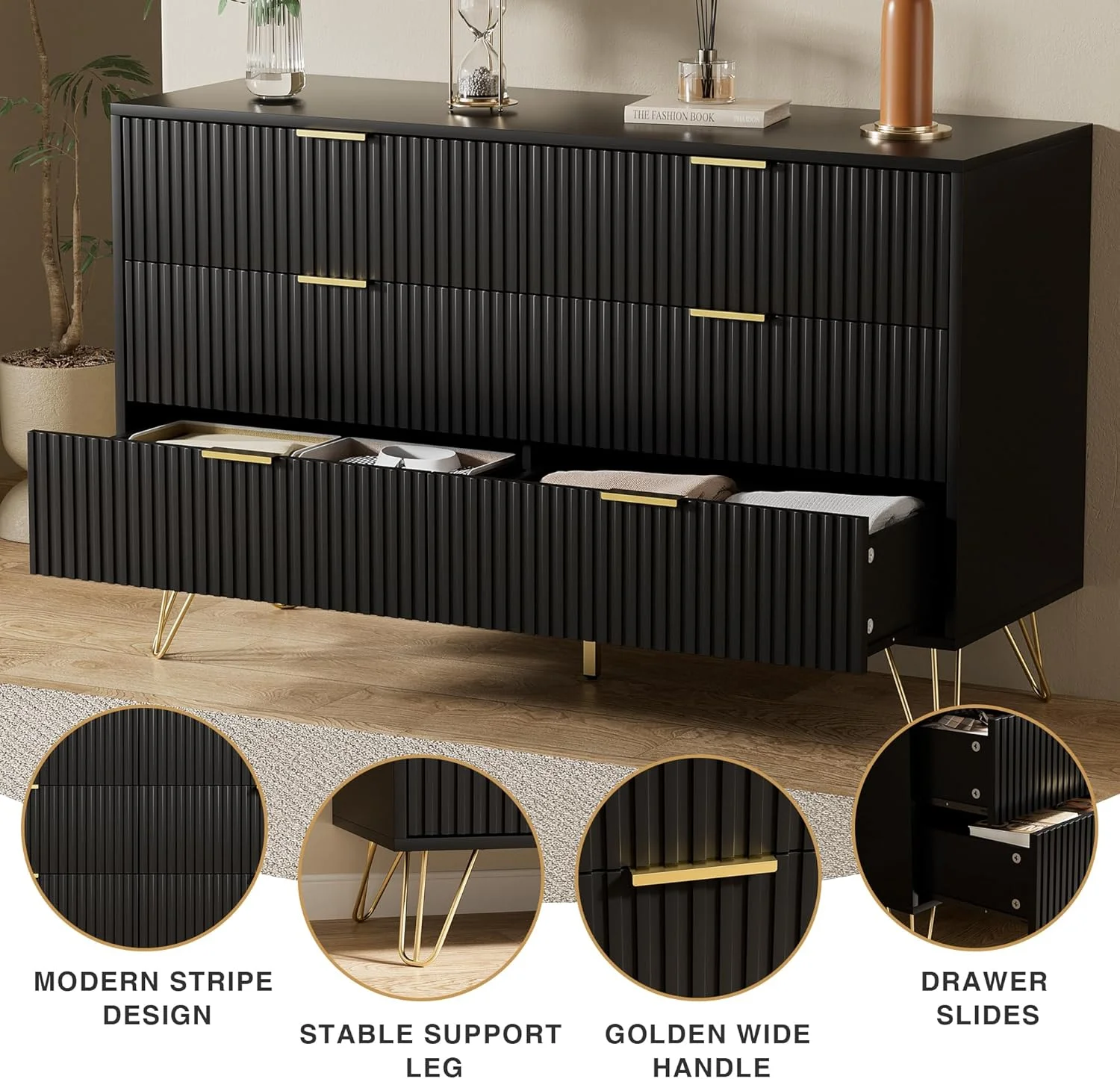 FURNIWAY White 6 Drawer Dresser for Bedroom, Modern Dresser with Gold Metal Handles,Fluted Wood TV Stand for Living Room, Hallway - Image 11
