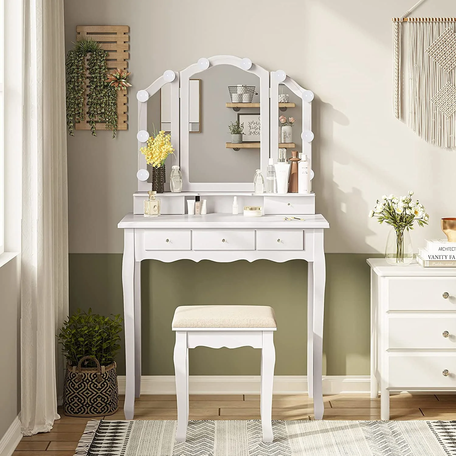 Vanity Table Set with Lighted Tri-Folding Mirror and Cushion Stool, White - Image 2