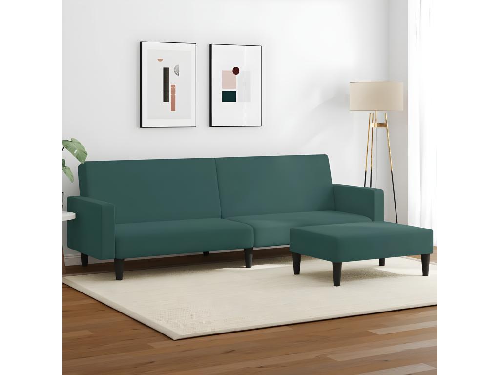 Sofá cama de 2 plazas con taburete terciopelo verde oscuro