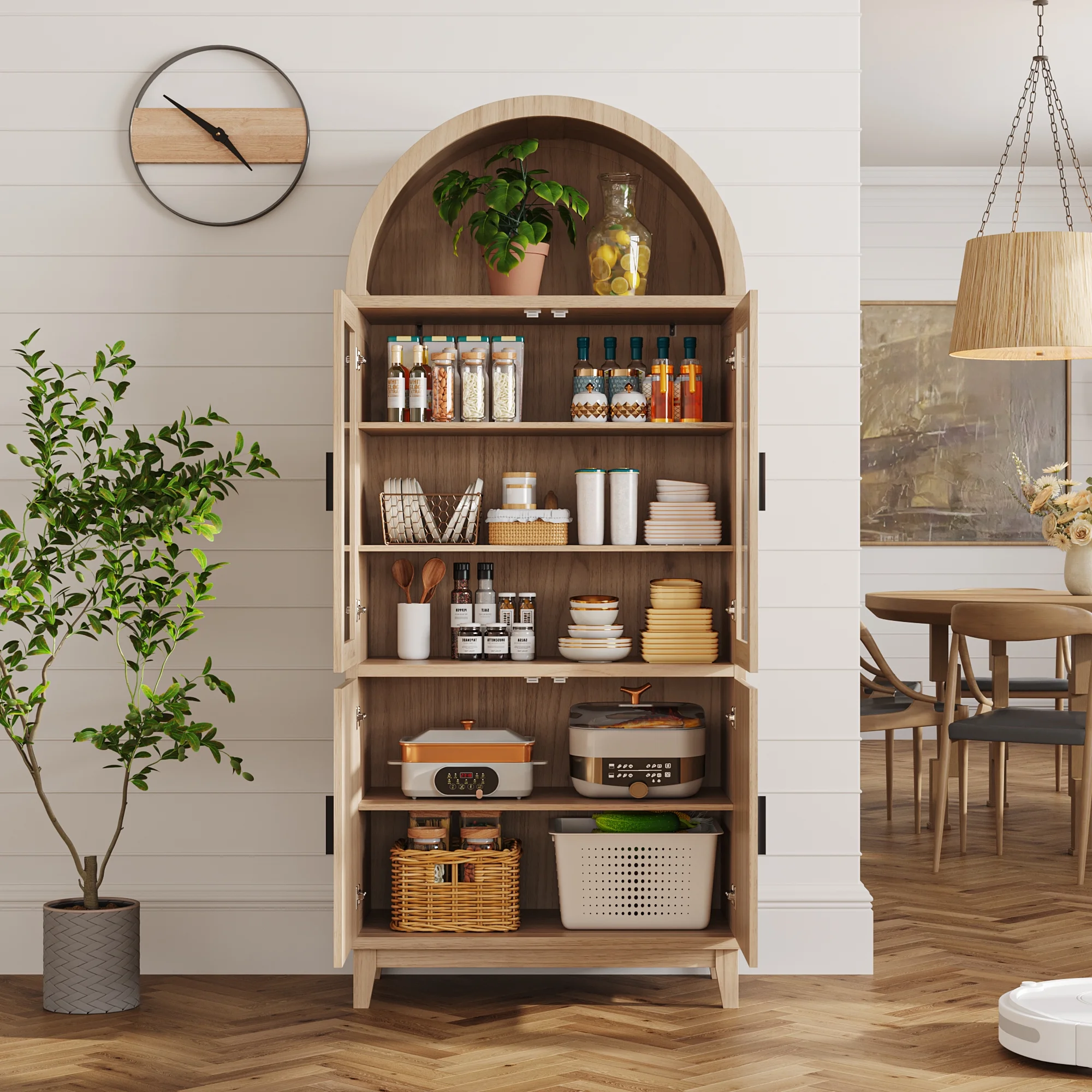VEANERWOOD 71" Tall Arch Cabinet, Wood Fluted Kitchen Kitchen Storage Cabinet with 4 Doors and 6 Shelves for Dining Room Living Room - Image 29