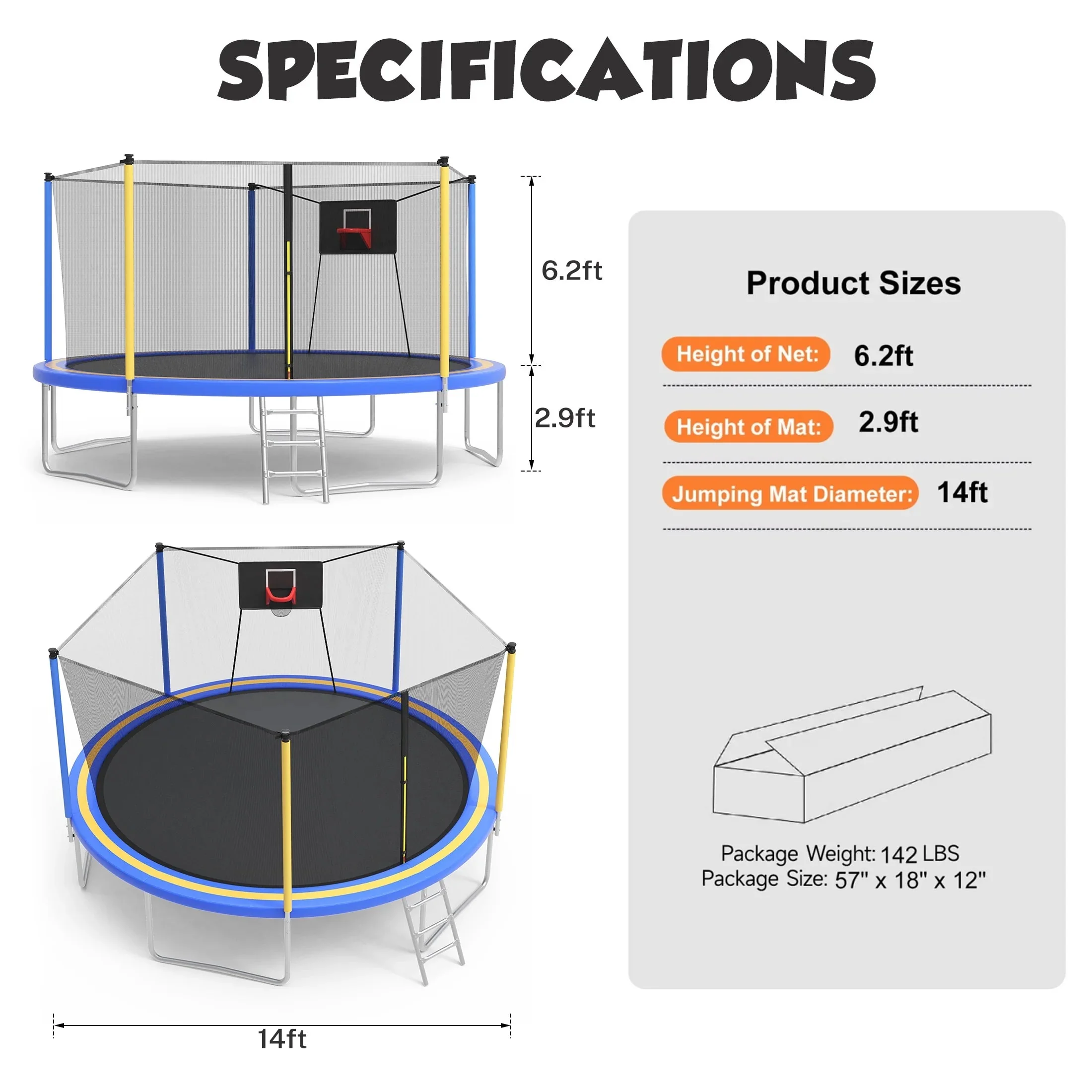 SHINPT 14ft Outdoor Trampoline With Safety Net, Basketball Hoop And Ladder - Image 20 SHINPT 14ft Outdoor Trampoline With Safety Net, Basketball Hoop And Ladder - Image 20