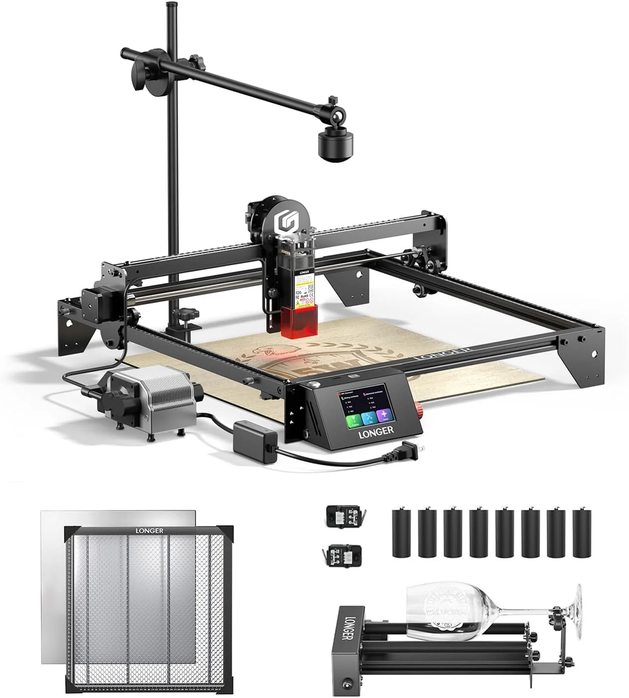 Longer RAY5 5W Laser Cutter and Laser Engraver for Tumblers, with Rotary Roller Bundle, 17.3x 17.3 Honeycomb Working Bed, Camera Kit, and Air Pump Laser Engraver for Wood and Metal, Acrylic