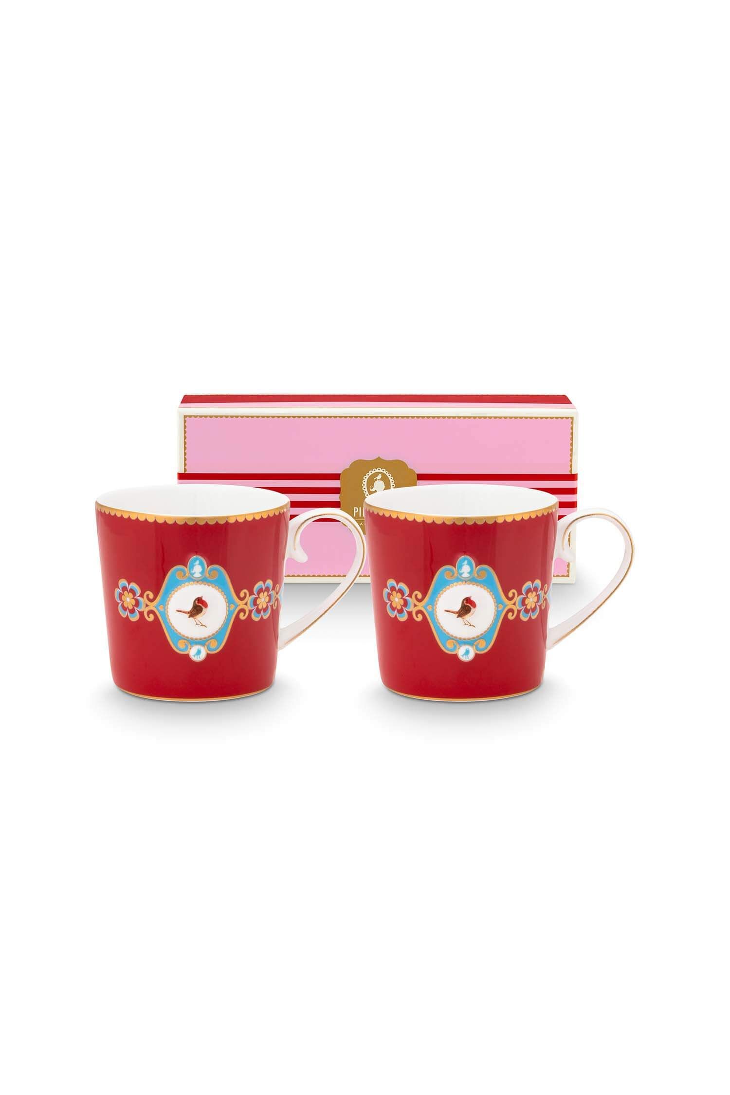 Set/2 Mugs Small Love Birds Medallion Red