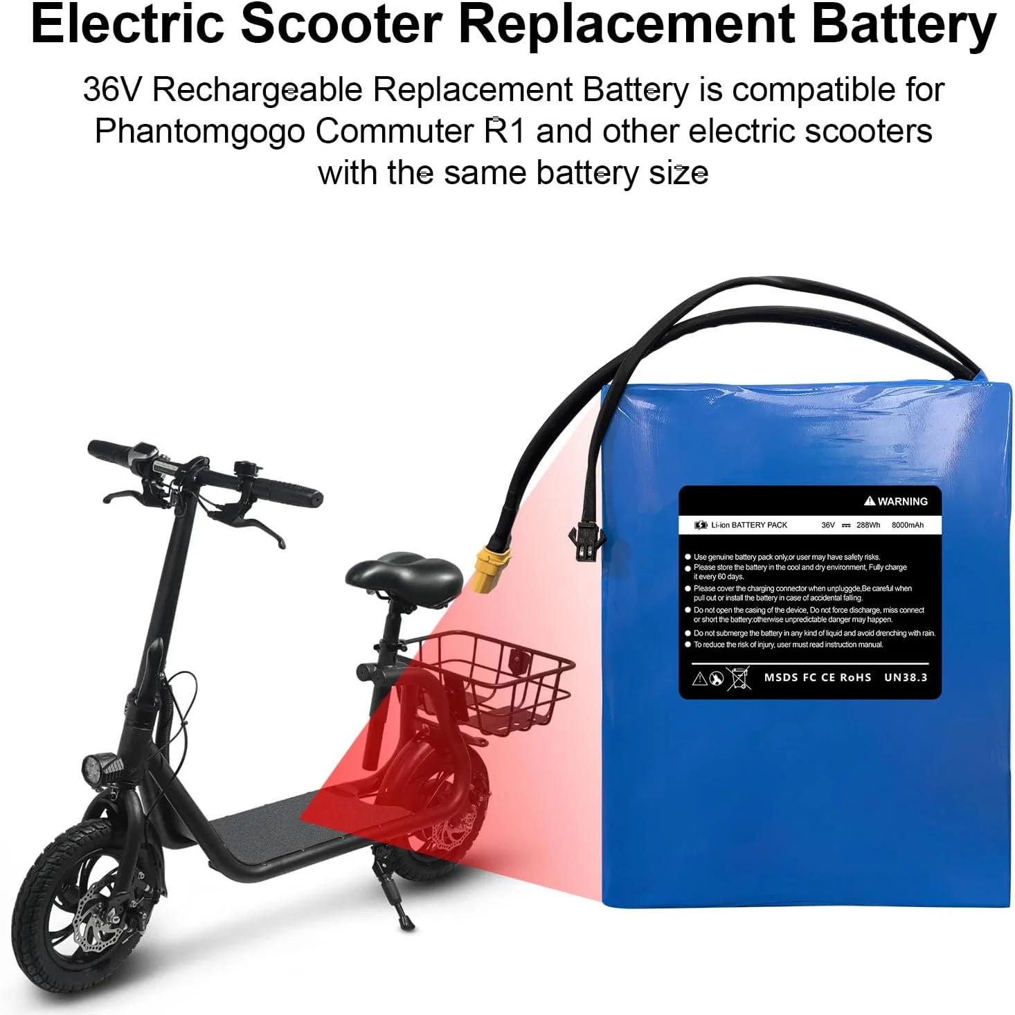 36V 8Ah Electric Scooter Battery Compatible for Phantomgogo R1 Electric Scooters 36V Electric Scooter Replacement Battery 288Wh Li-ion Power Batteries, Size: 7.68 * 5.2 * 1.50 inch - Image 6