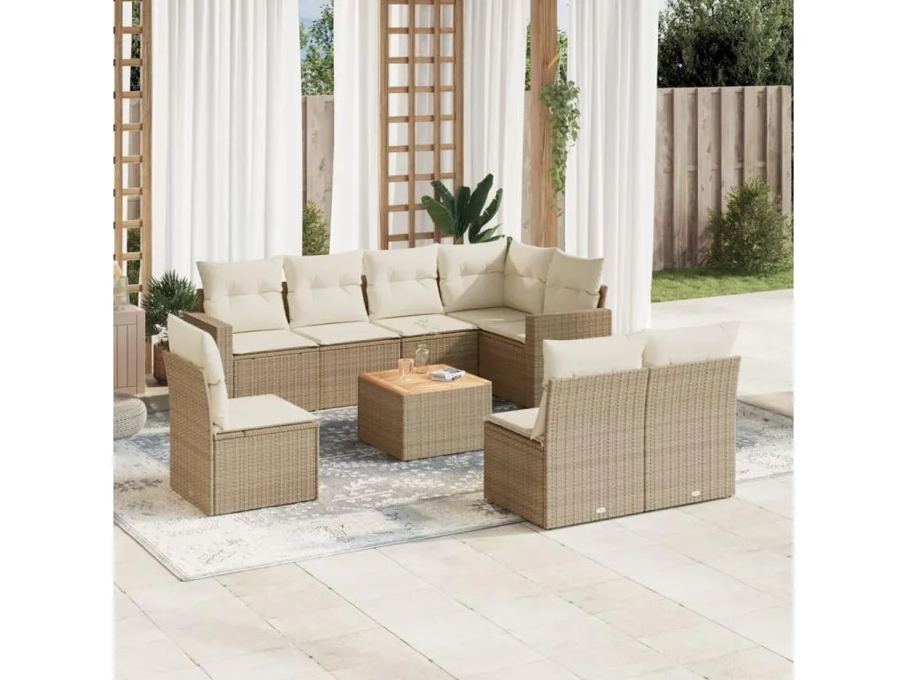 Set de sofás de jardín 9 pzas con cojines ratán sintético beige BKNB76914