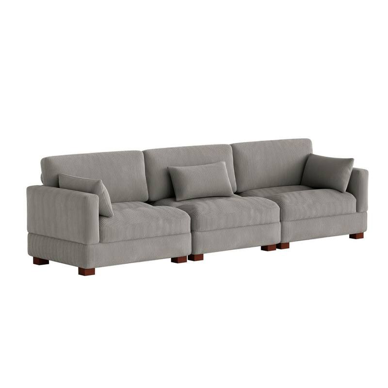 Sofá Seccional de 3 Piezas con Tapizado de Corduroy en Gris Claro y Brazos Cuadrados de 123 rd4450094