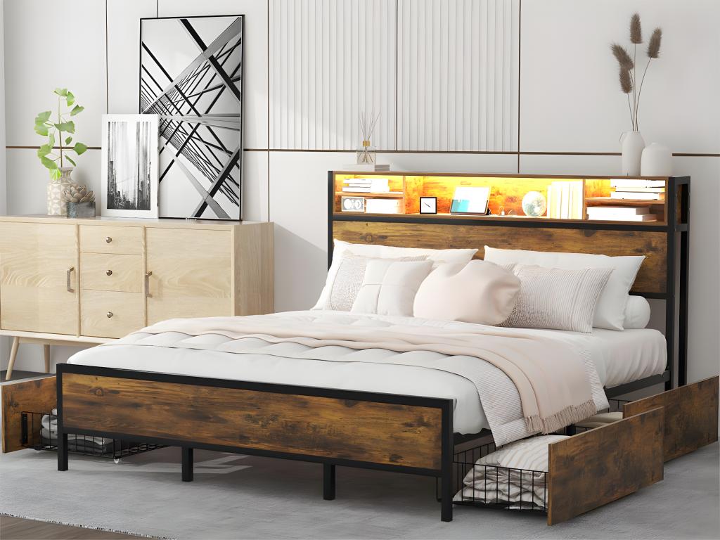 Cama doble con 4 cajones- 180x200cm- con Joliven y función de carga- estructura de- Marrón