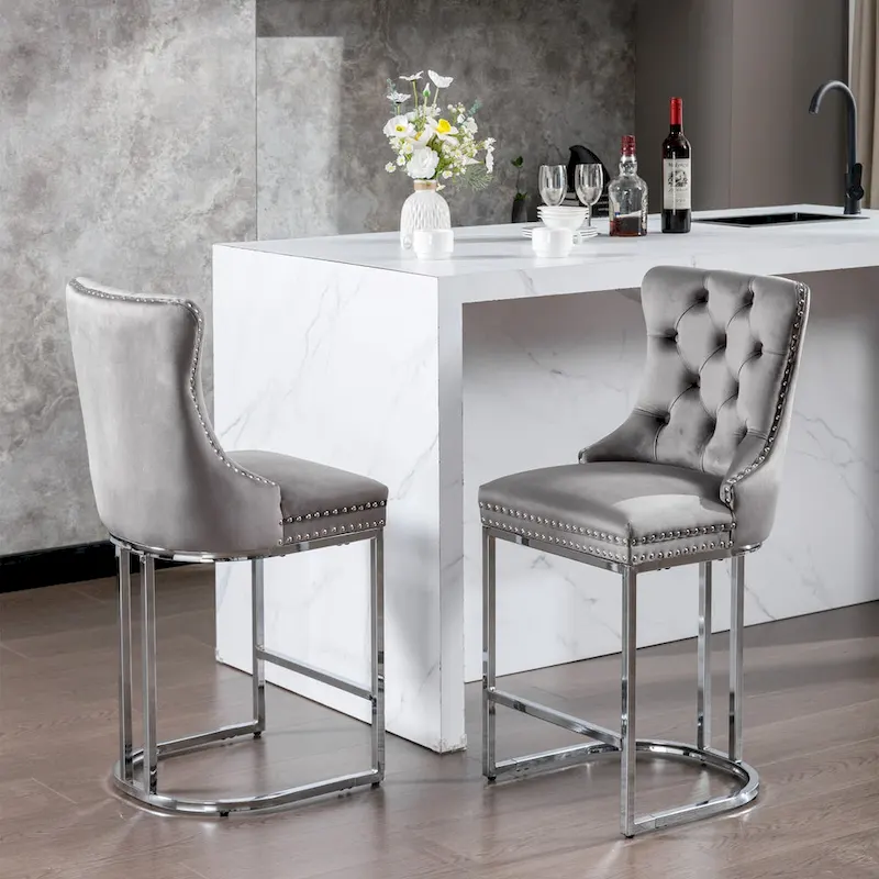 Contemporary Set of 2 Bar Stools with Button-Tufted Back and Studded Trim, Chrome Metal Base - Ideal for Dining Room, Living Room, and Bedroom