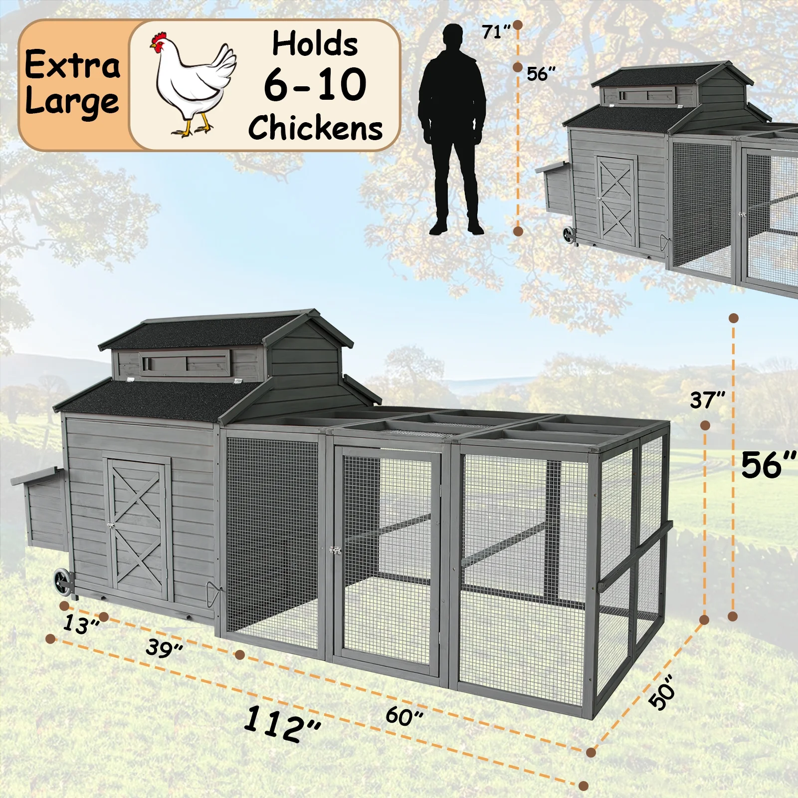 Chicken Coop for 6-10 Chickens, 112" Extal Large Chicken Coops, with Chicken Run & Nesting Box & Secure Enclosure, Outdoor Wooden Hen House Hutch for Rabbit, Poultry Pet, Duck - Image 2