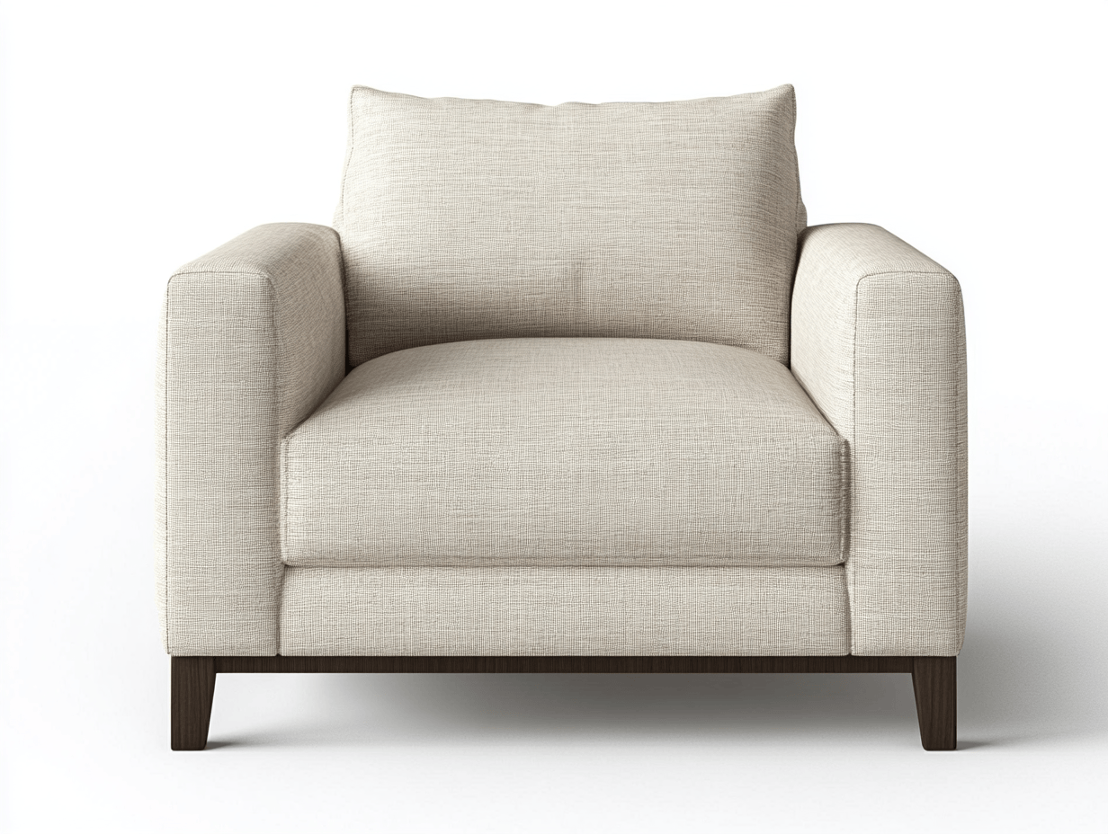 Sillón grande de lino gris con reposabrazos cuadrados y patas de madera