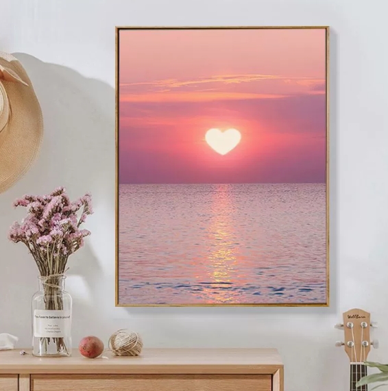 50x70cm Framed Ocean & Pink Healing Wall Art, Nordic Style Canvas Print with PS & Aluminum Alloy Frame, European Minimalist Crystal Porcelain Painting for Living Room