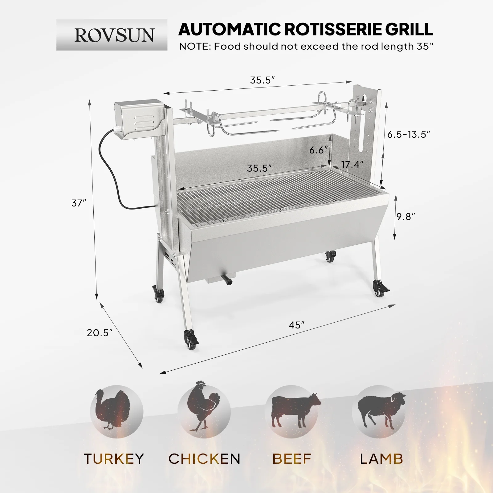 RovSun 46 Electric Rotisserie Grill 176 lbs Capacity 25w Pig Lamb Spit Roaster Rotisserie w/Lockable Wheels Wind Baffle with Adjustable Height - Image 13