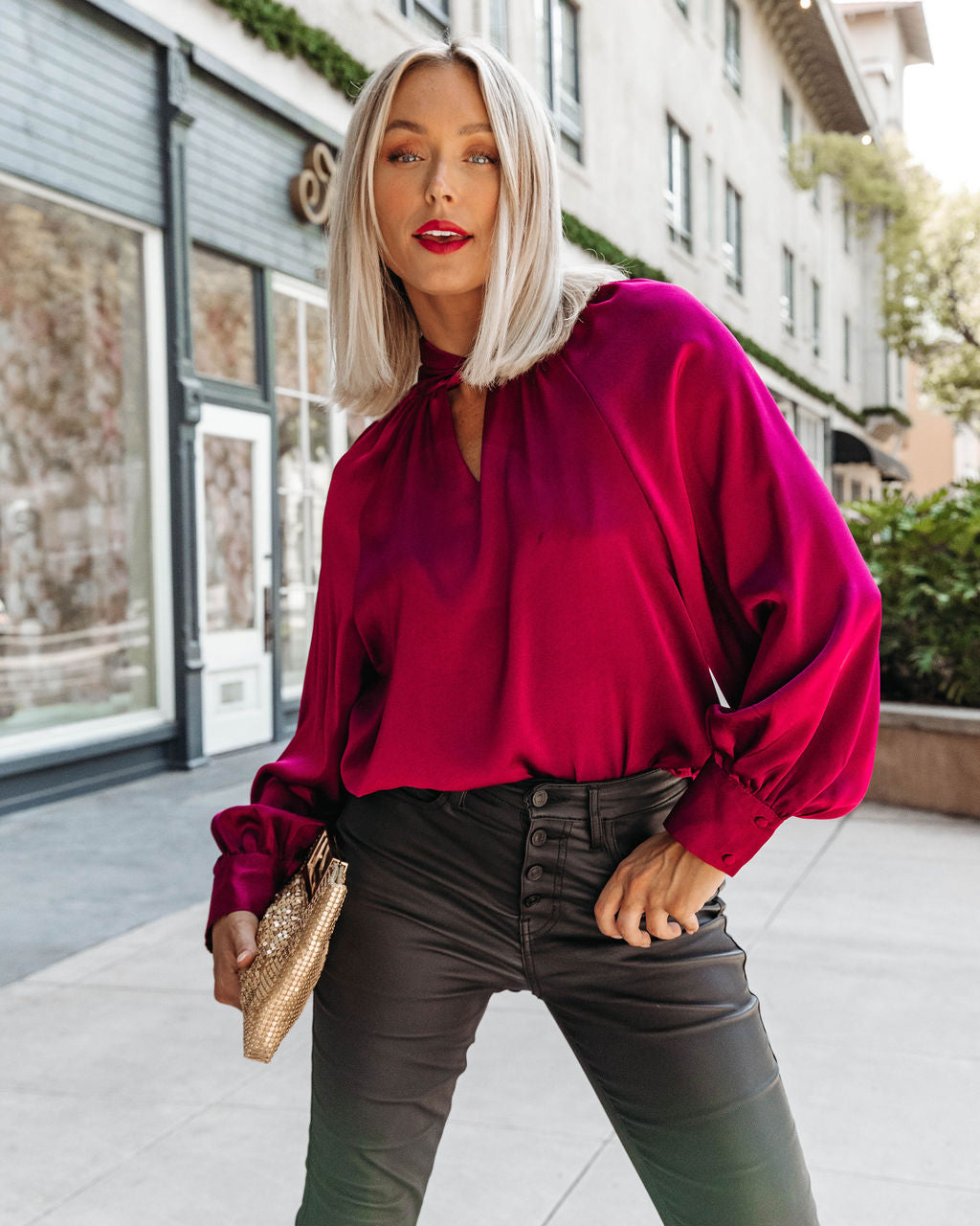 Overall Gratitude Satin Balloon Sleeve Top - Wine - Se7enfashion