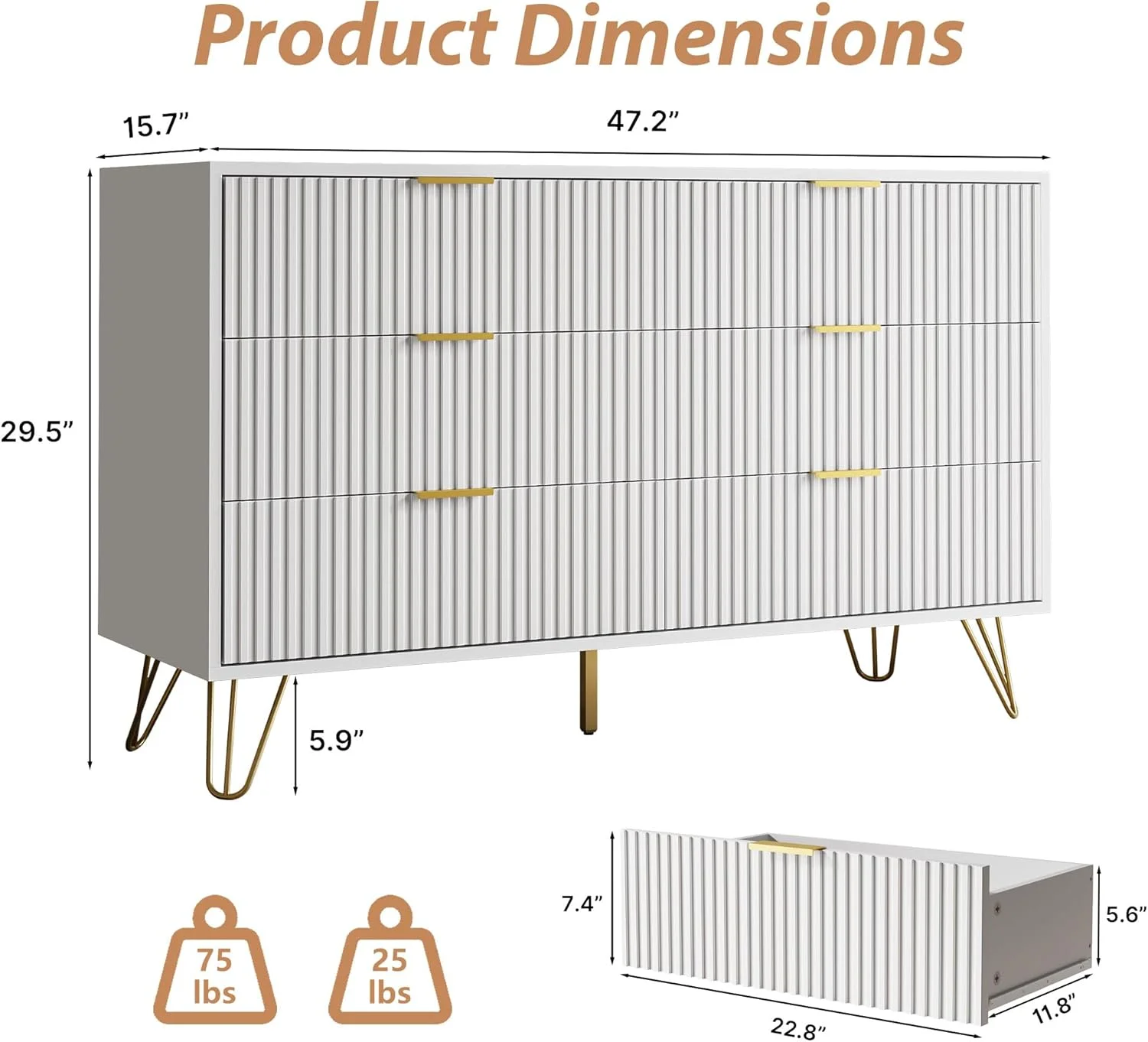 FURNIWAY White 6 Drawer Dresser for Bedroom, Modern Dresser with Gold Metal Handles,Fluted Wood TV Stand for Living Room, Hallway - Image 5