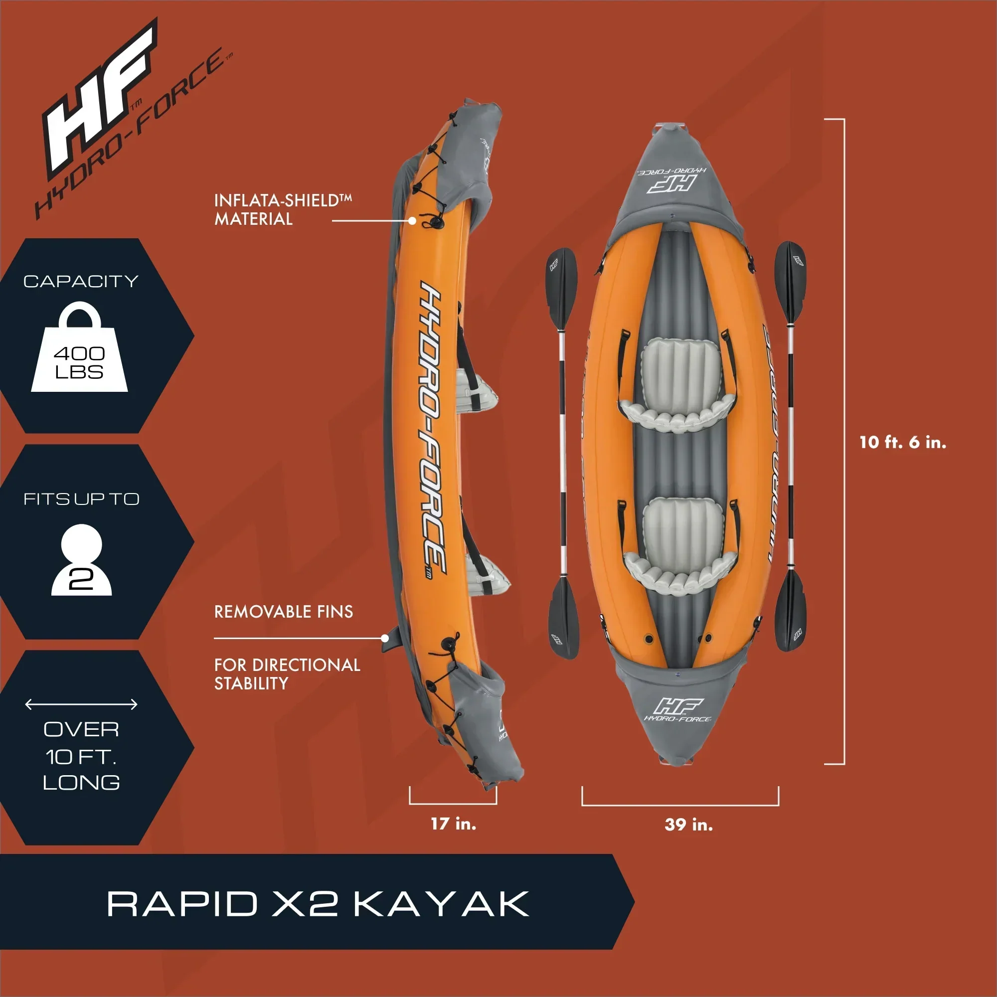 Bestway Inflatable Kayak Set With 2 Seats, Orange And Black - Hydro Force Lite Rapid X2 - Image 2 Bestway Inflatable Kayak Set With 2 Seats, Orange And Black - Hydro Force Lite Rapid X2 - Image 2