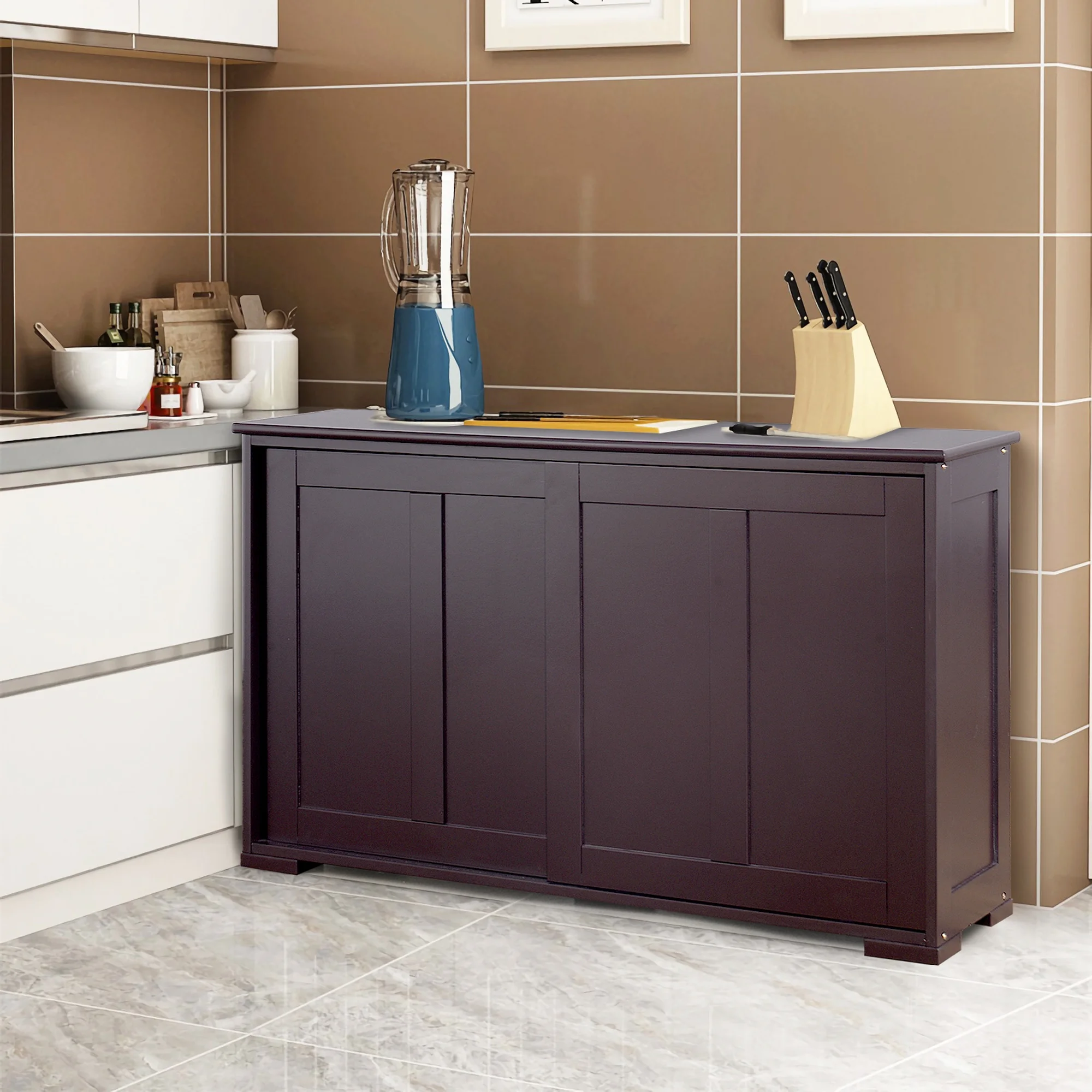 Costway Kitchen Storage Cabinet Sideboard Buffet Cupboard Wood Sliding Door Pantry White - Image 19