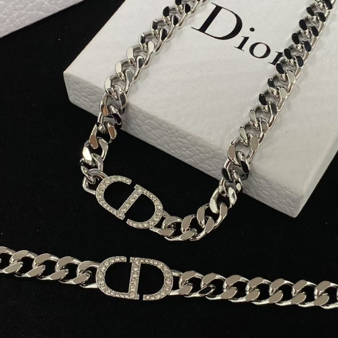 Dior Chunky Silver Cuban Chain CD Necklace Bracelet - Original Replica Club