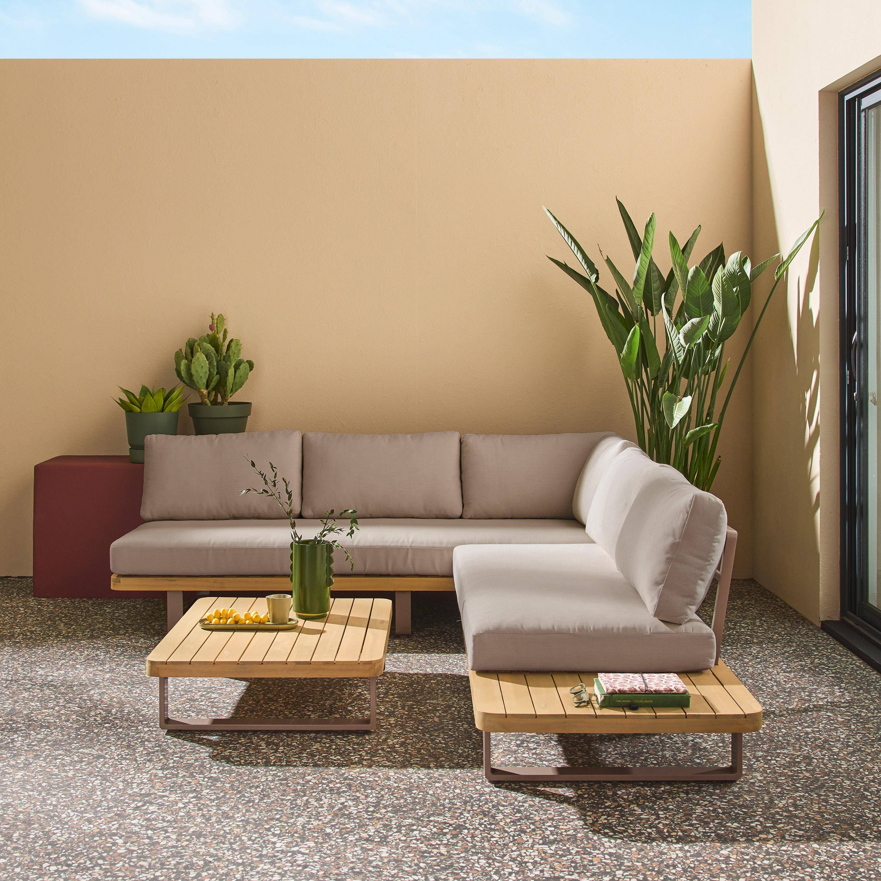 Acalia - Conjunto de jardín de esquina de madera de acacia y aluminio, 5 plazas