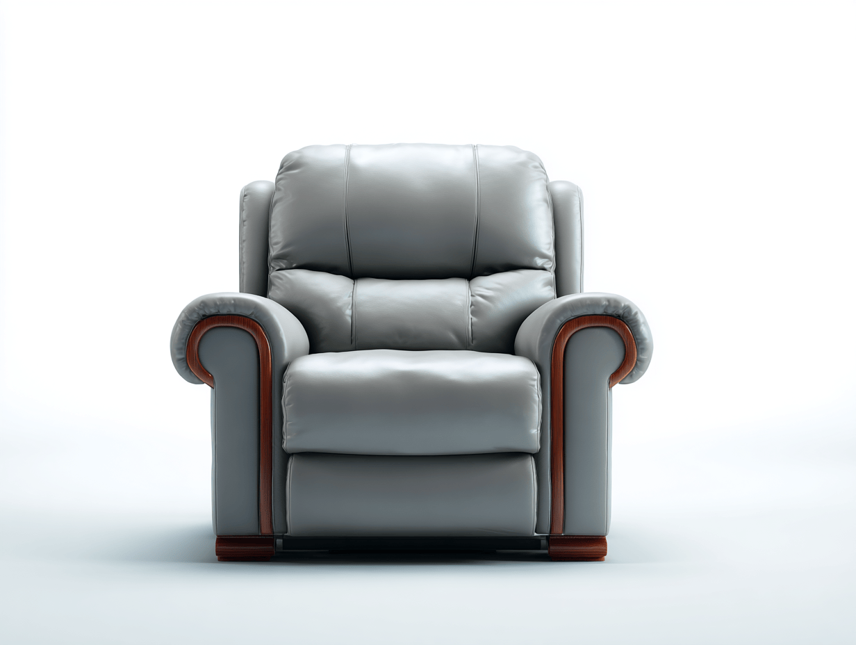 Sillón reclinable eléctrico en cuero gris con detalles de madera – 105×98×100 cm – confort premium