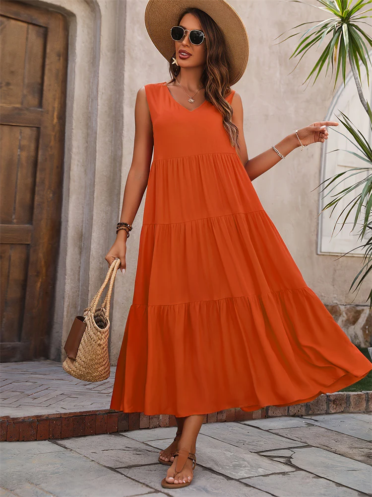 Solid color V-neck layered splicing hem loose dress, cake skirt - Se7enfashion