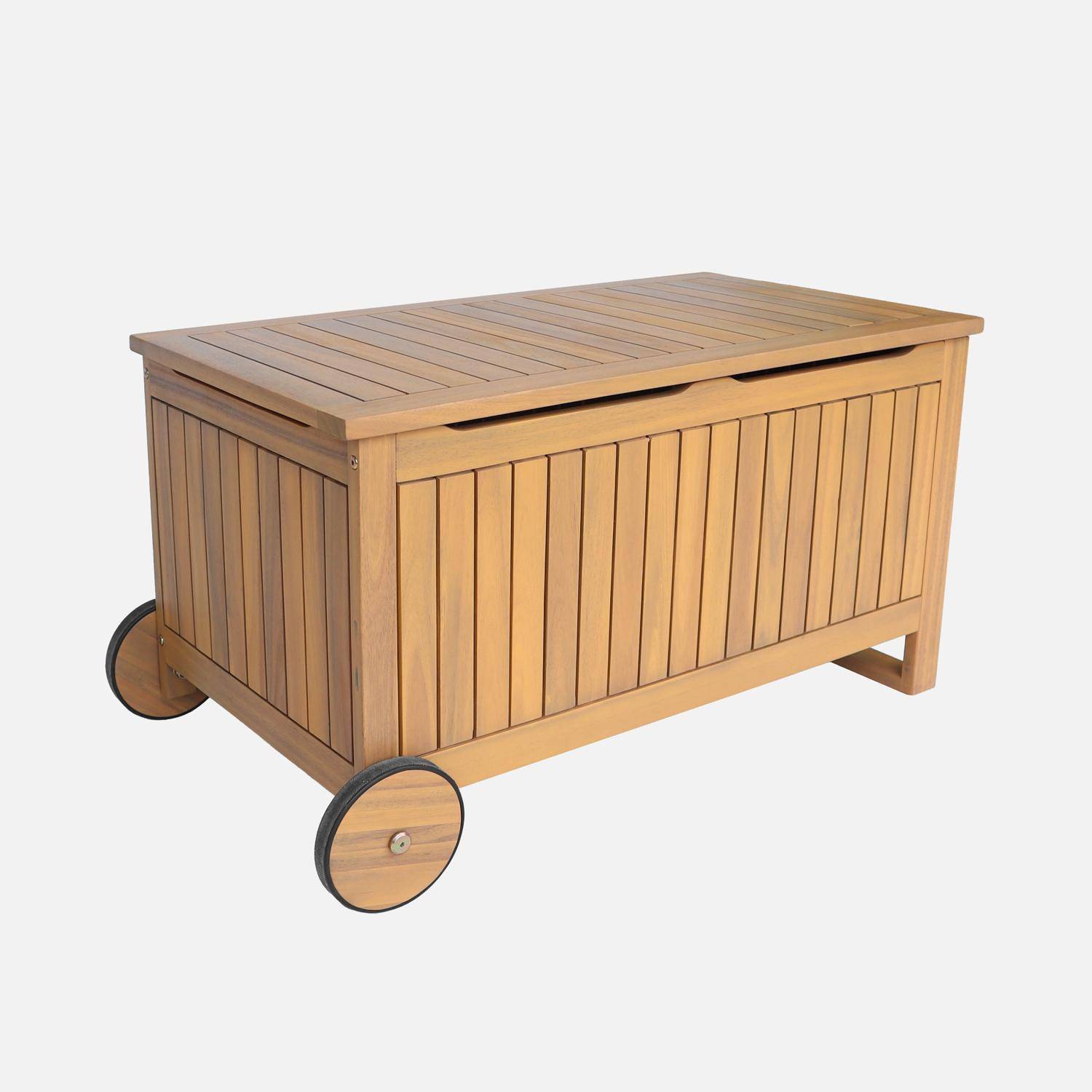 Kivo - Cofre de jardín de madera de acacia con ruedas, 119L