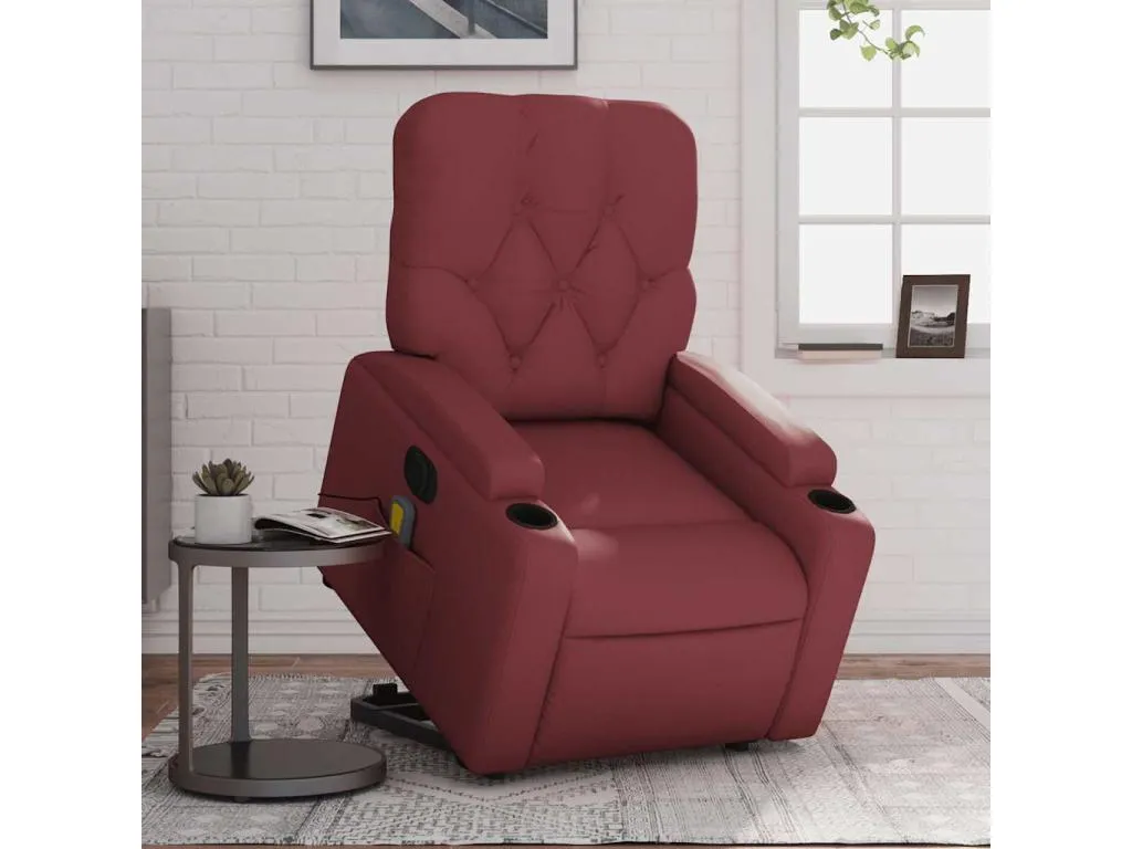 Sillón de masaje elevable eléctrico cuero artificial rojo tinto