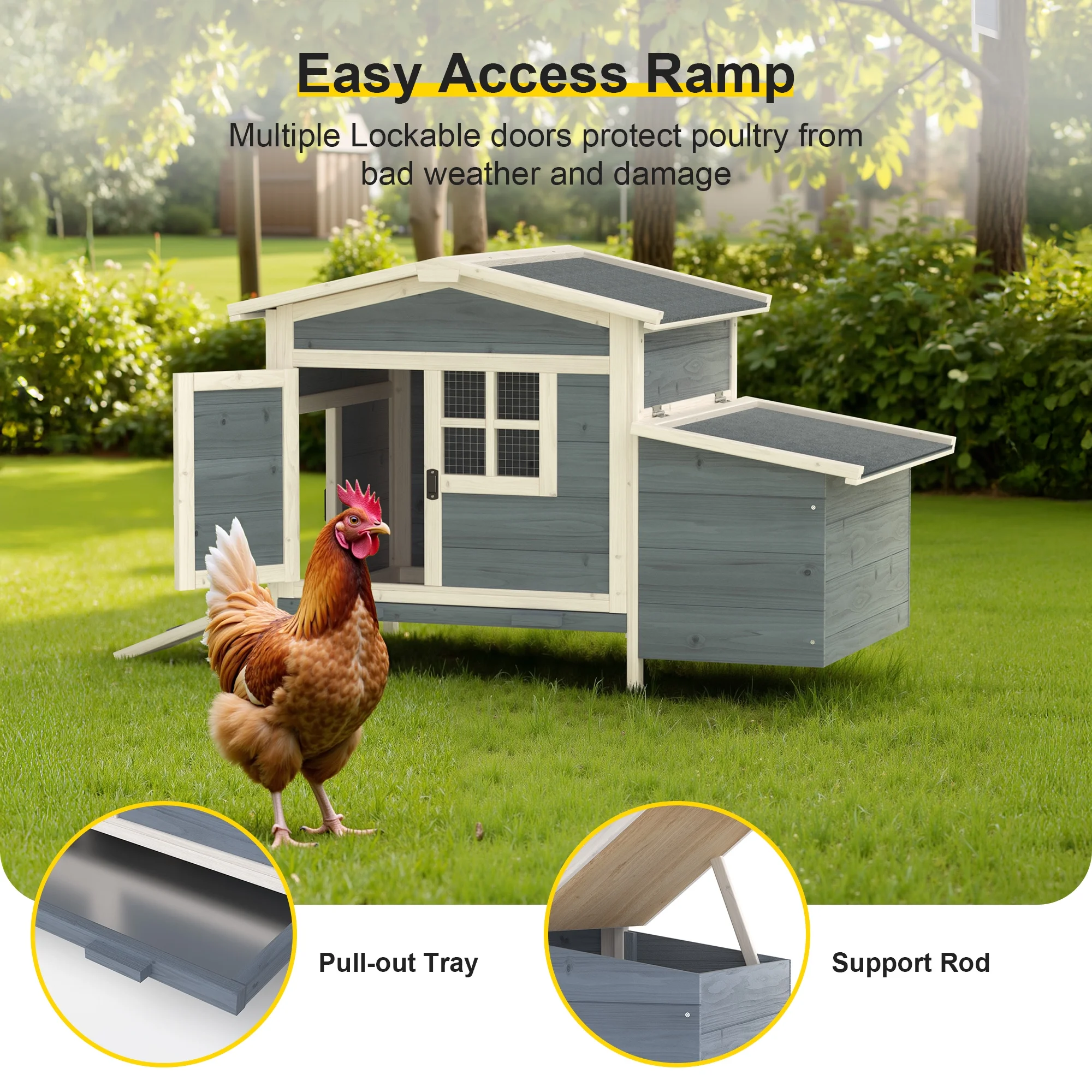 Outdoor Chicken Coop Rabbit Hutch Wooden Hen House w/ Nesting Box & Tray Poultry Cage for Outdoor Indoor - Image 4