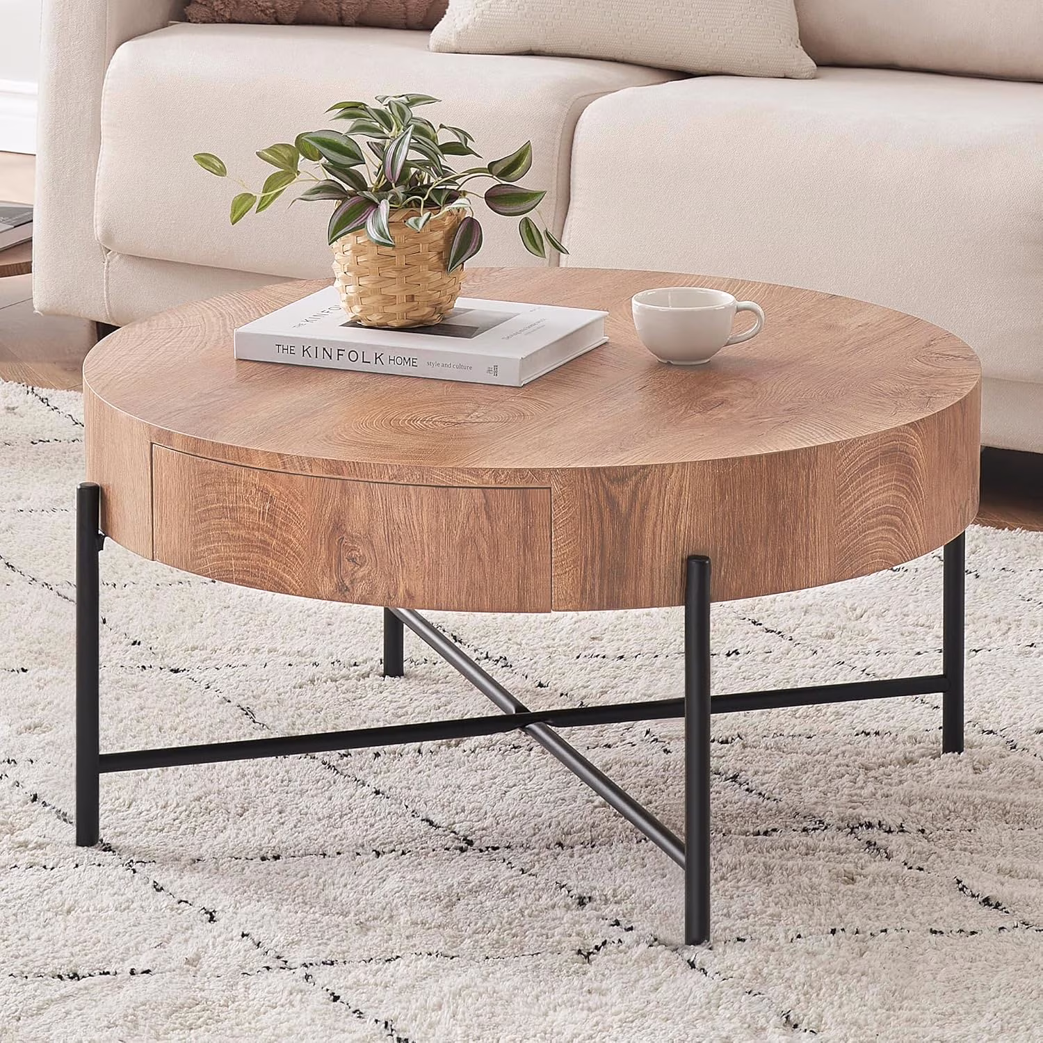 Round Coffee Table with Drawers Circle Living Room Table Wood Accent Coffee Table with Storage White Center Table (Natural) - Image 3