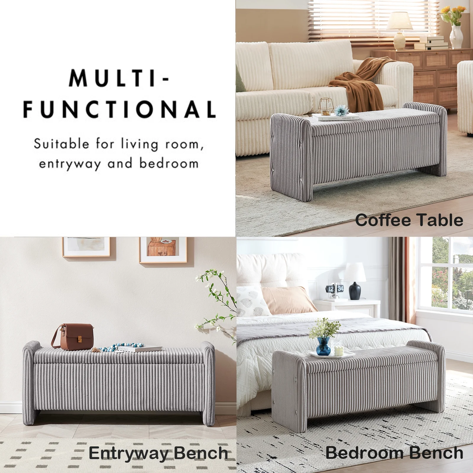 Pinmoco 44" Storage Ottoman Bench, Upholstered Entryway Bench with Storage End of Bed Bench for Bedroom& Living Room, Corduroy Gray - Image 2