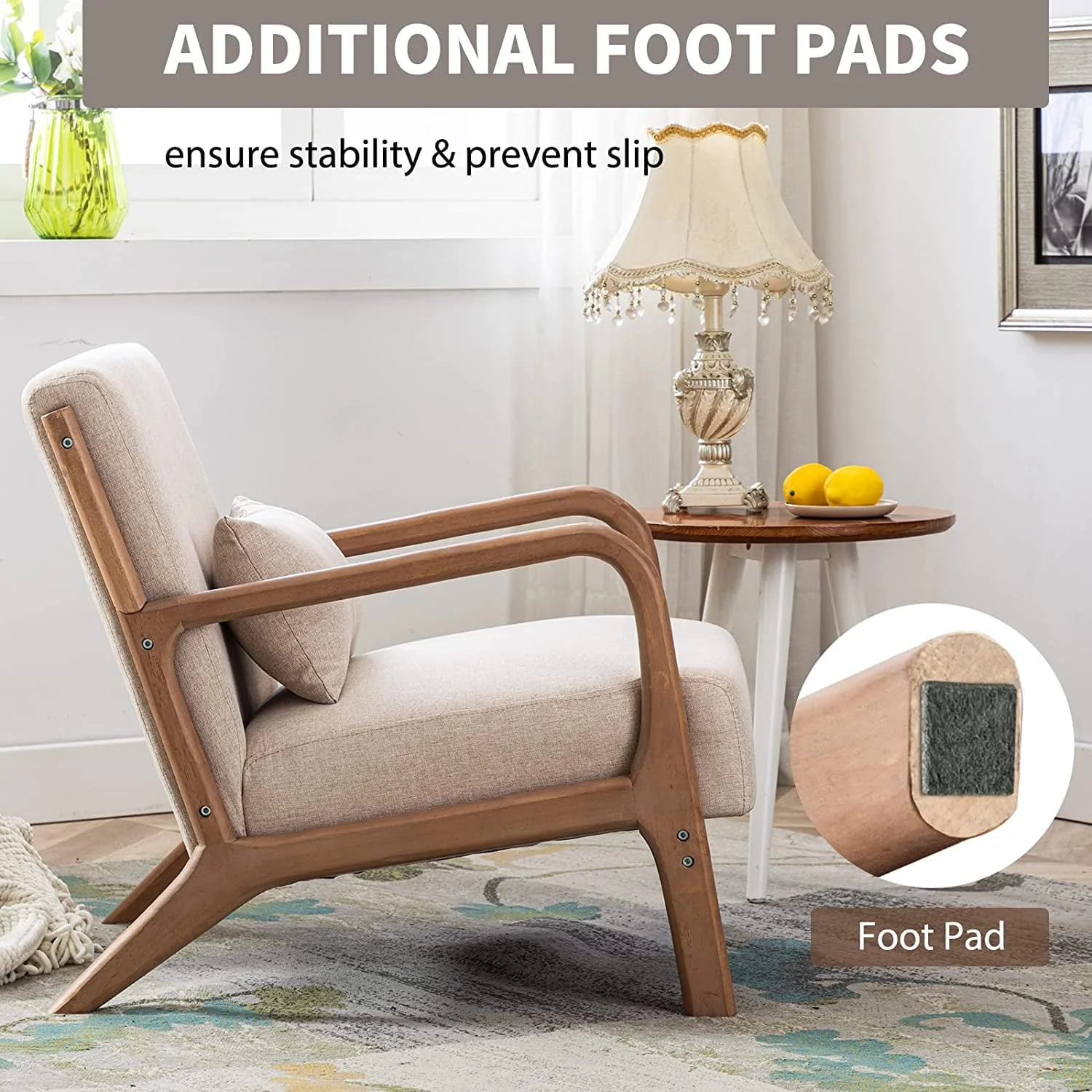 Bonzy Home Mid Century Modern Accent Chair, Single Fabric Lounge Reading Armchair with Solid Wood Frame, Easy Assembly Arm Chairs for Living Room, Beige - Image 7