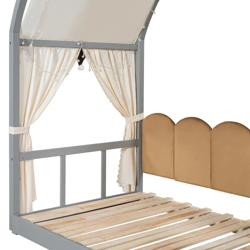 Gray Twin Bed with Arched Canopy and Trundle